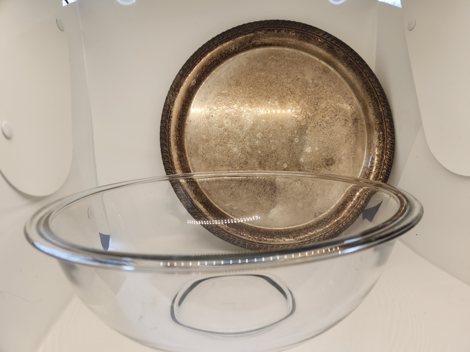 12” Clear Pyrex Glass Serving / Baking Dish + Vintage Wm. Rogers Silverplate Tray (Etched Floral Rope Edge) - image 1 of 5