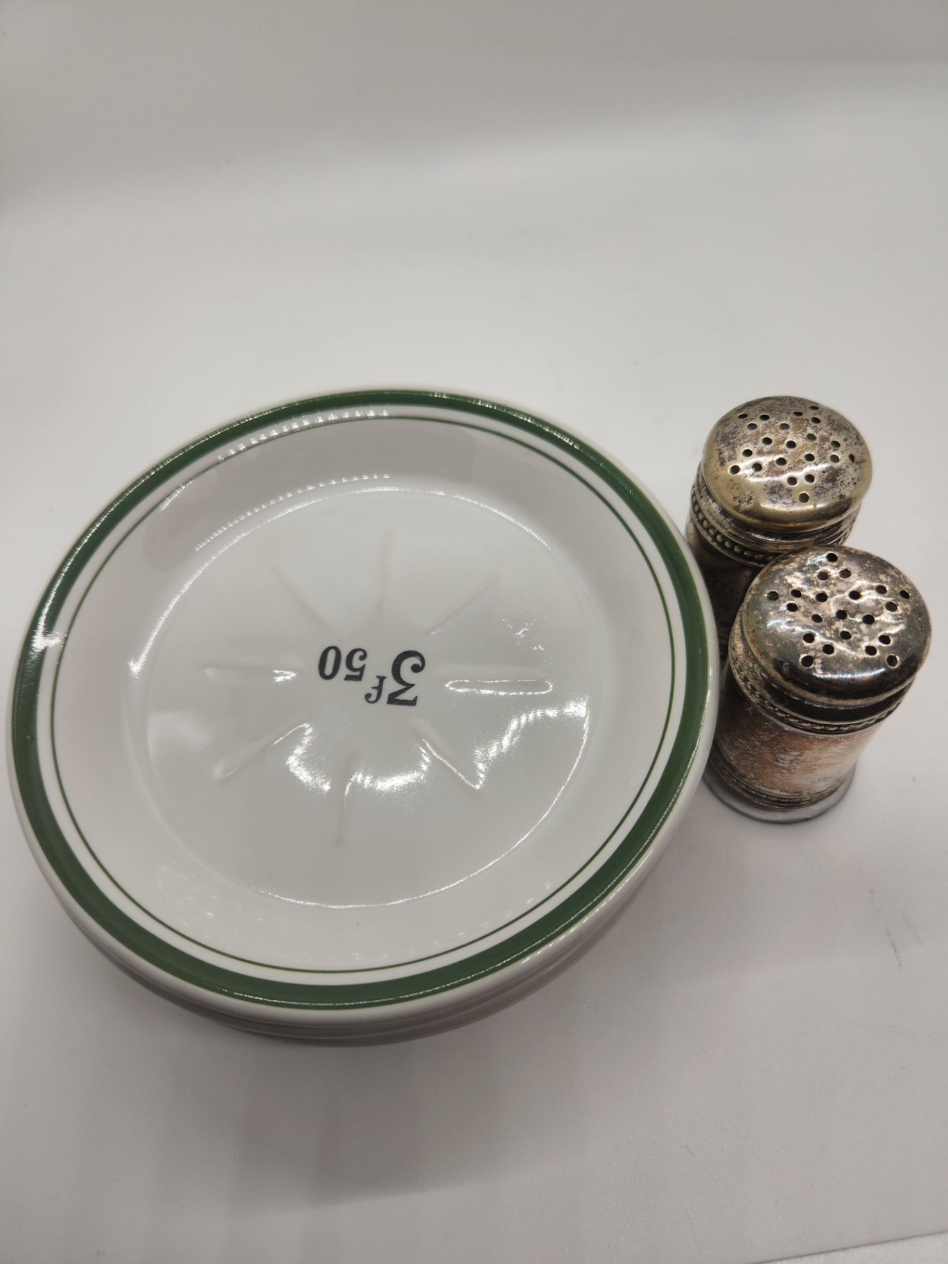 Vintage French Bistro Absinthe Tip Plates (3 plates) & Silverplate Salt and Pepper Shakers - Lot of 5 - image 5 of 8