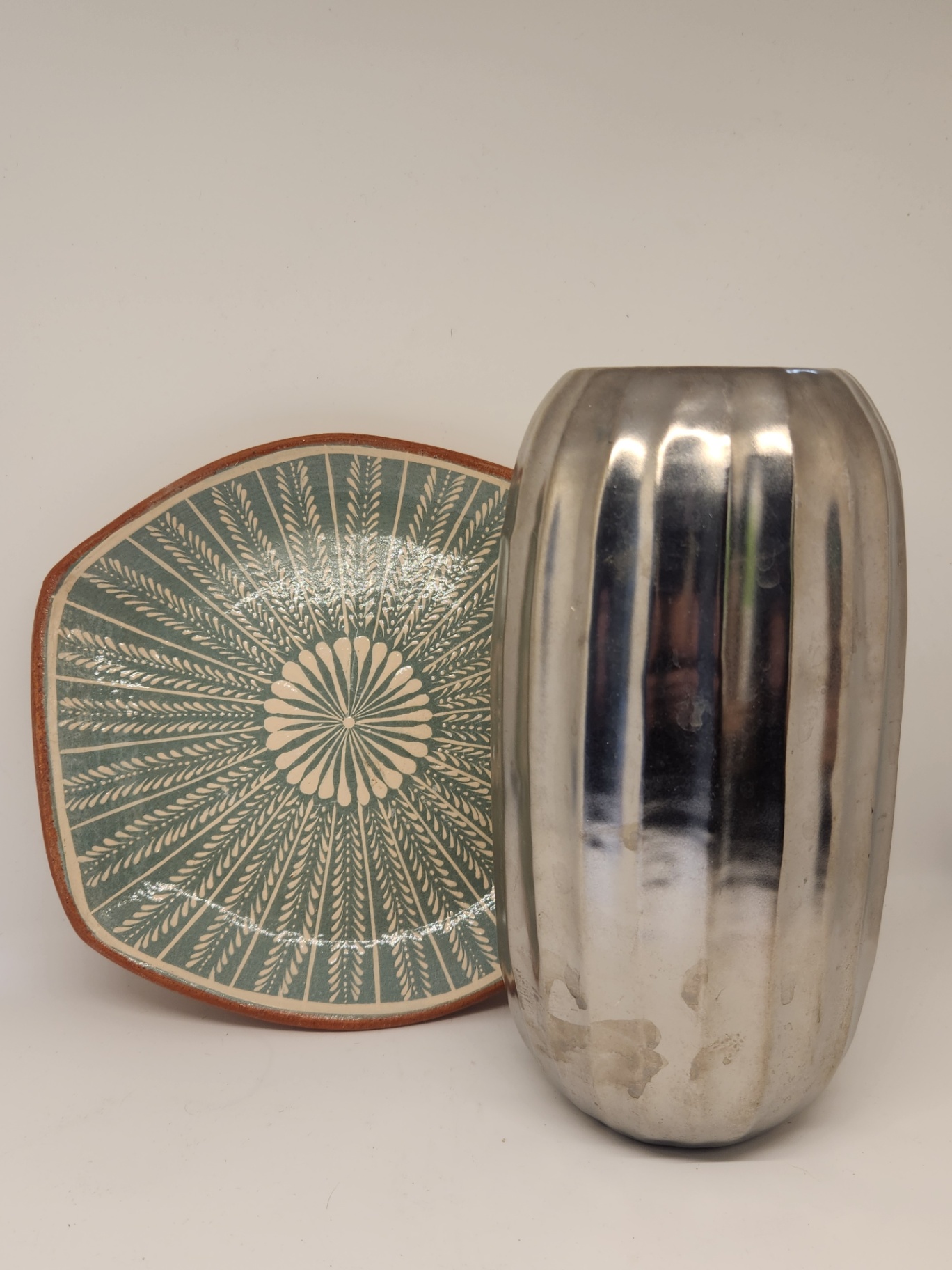 Handmade Italian Pottery Dish “San Plomo” + Silvered Glass Ribbed Vase (2pc Decor Set) - image 1 of 7