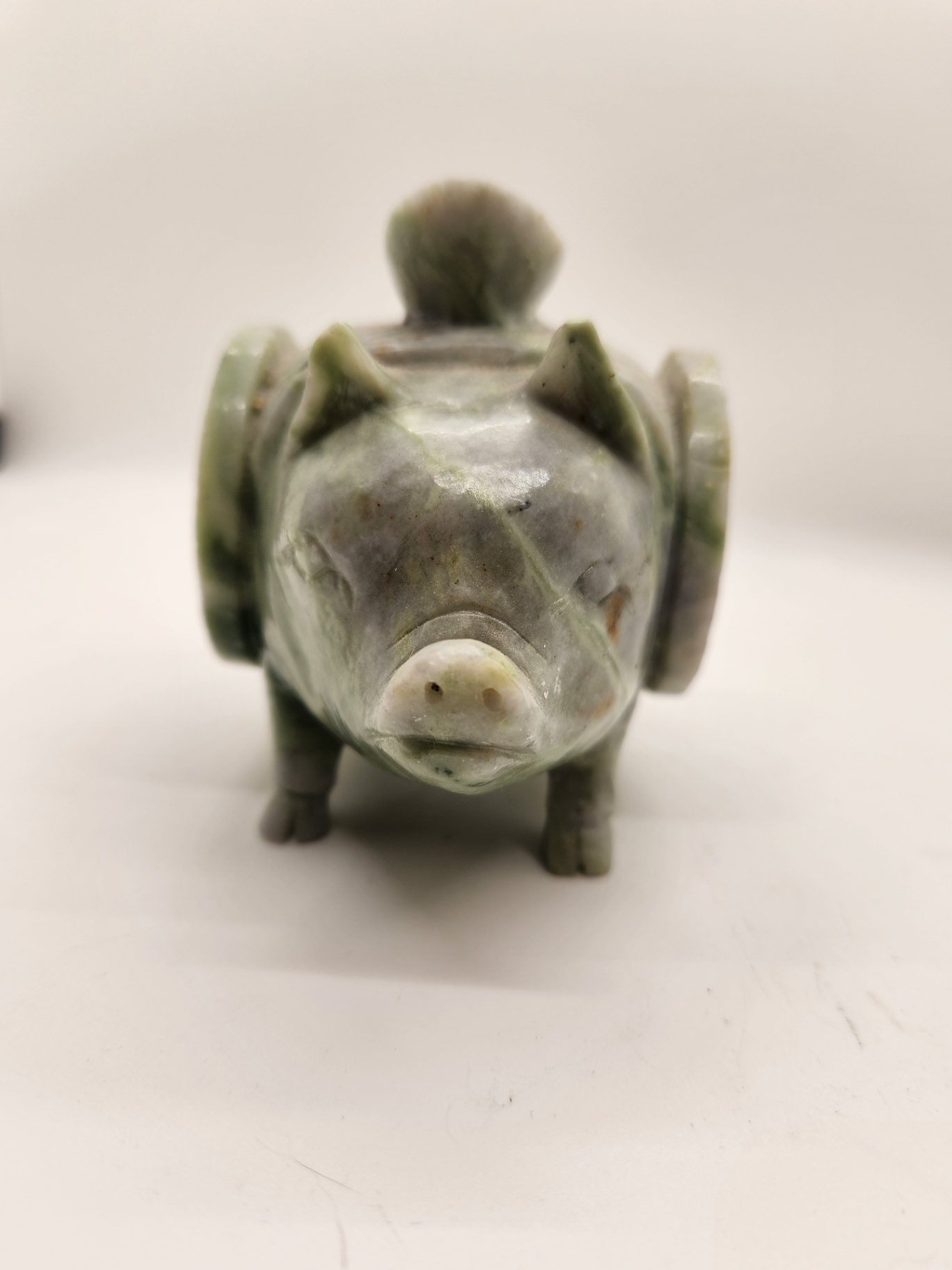 Hand-Carved Nephrite Jade or Serpentine Pig with Coin Motif & Soapstone/Marble Sculptural Rhinoceros Vintage Asian Stone Figures – Green Serpentine Pig with Coin & Brown Rhino Sculpture - image 5 of 15