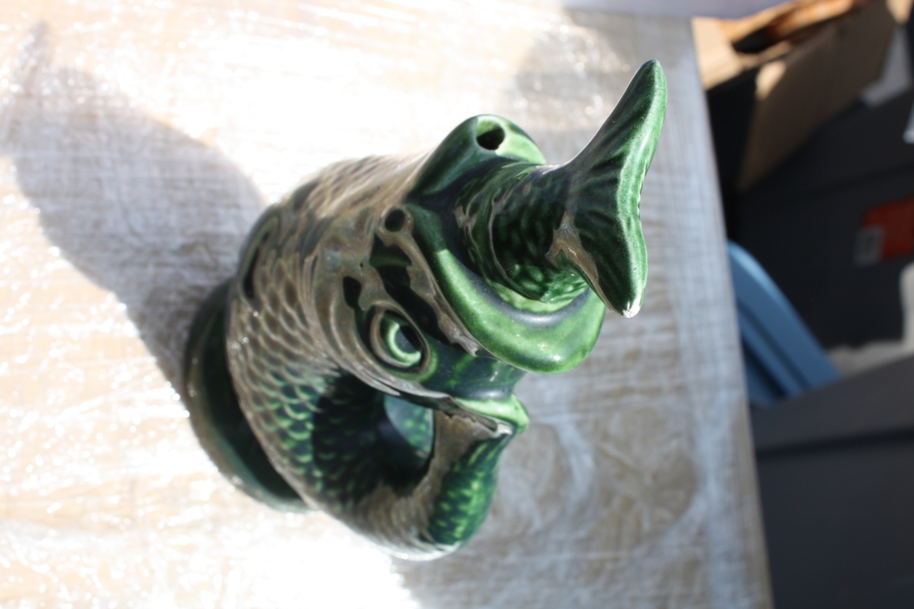 dark mottled green Dartmouth Pottery gurgle jug and saucer - image 1 of 6