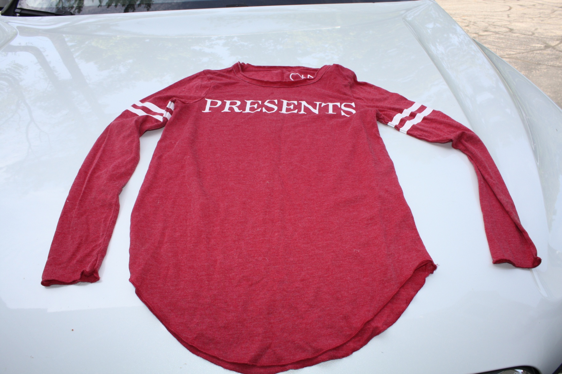 BNWT x-small Chaser “PRESENTS” Red Graphic Long Sleeve Baseball-Style Tee T-Shirt - image 1 of 4
