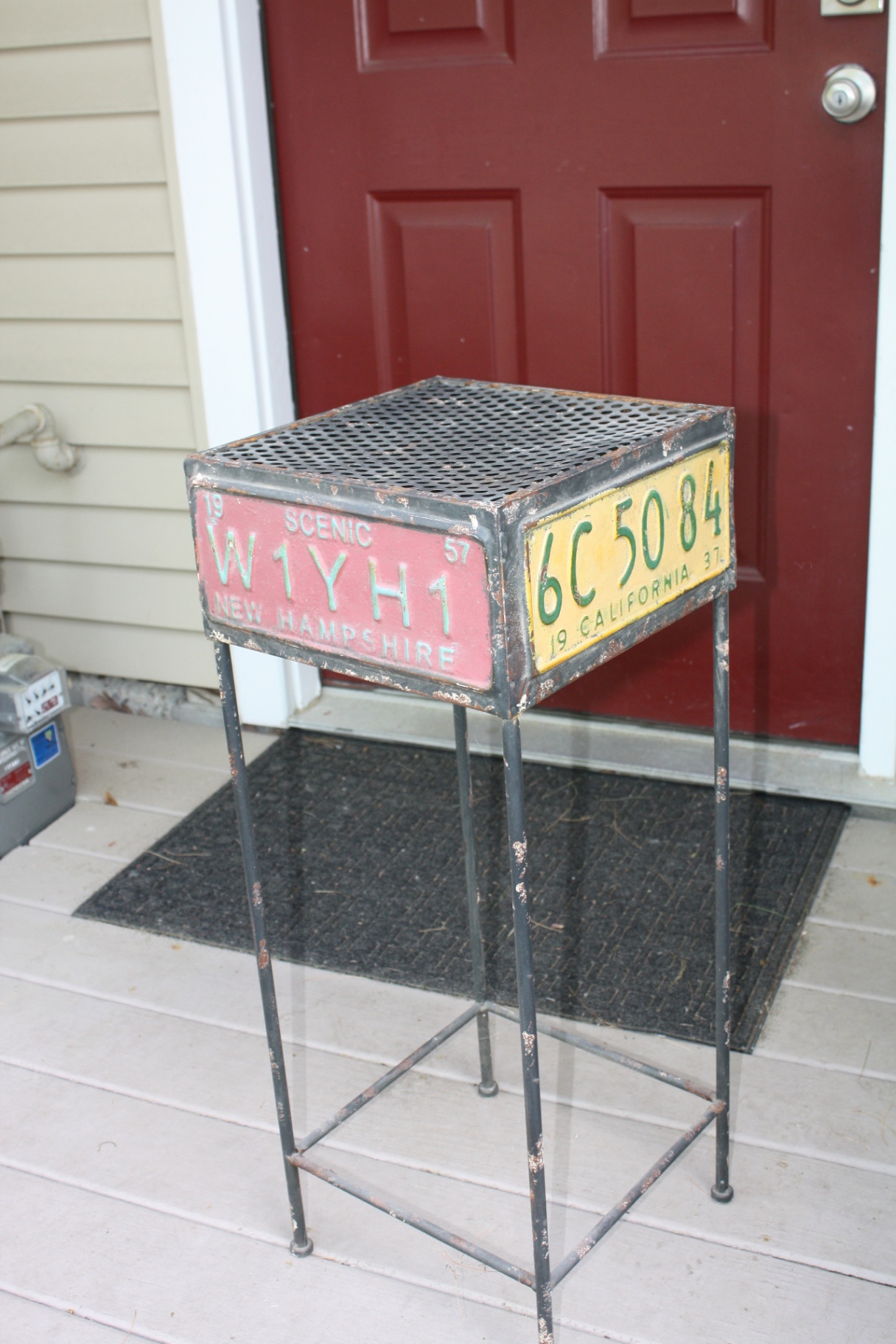 Vintage Industrial License-Plate Pedestal Stand – New Hampshire & California Plates, Perforated Steel Top - image 5 of 8