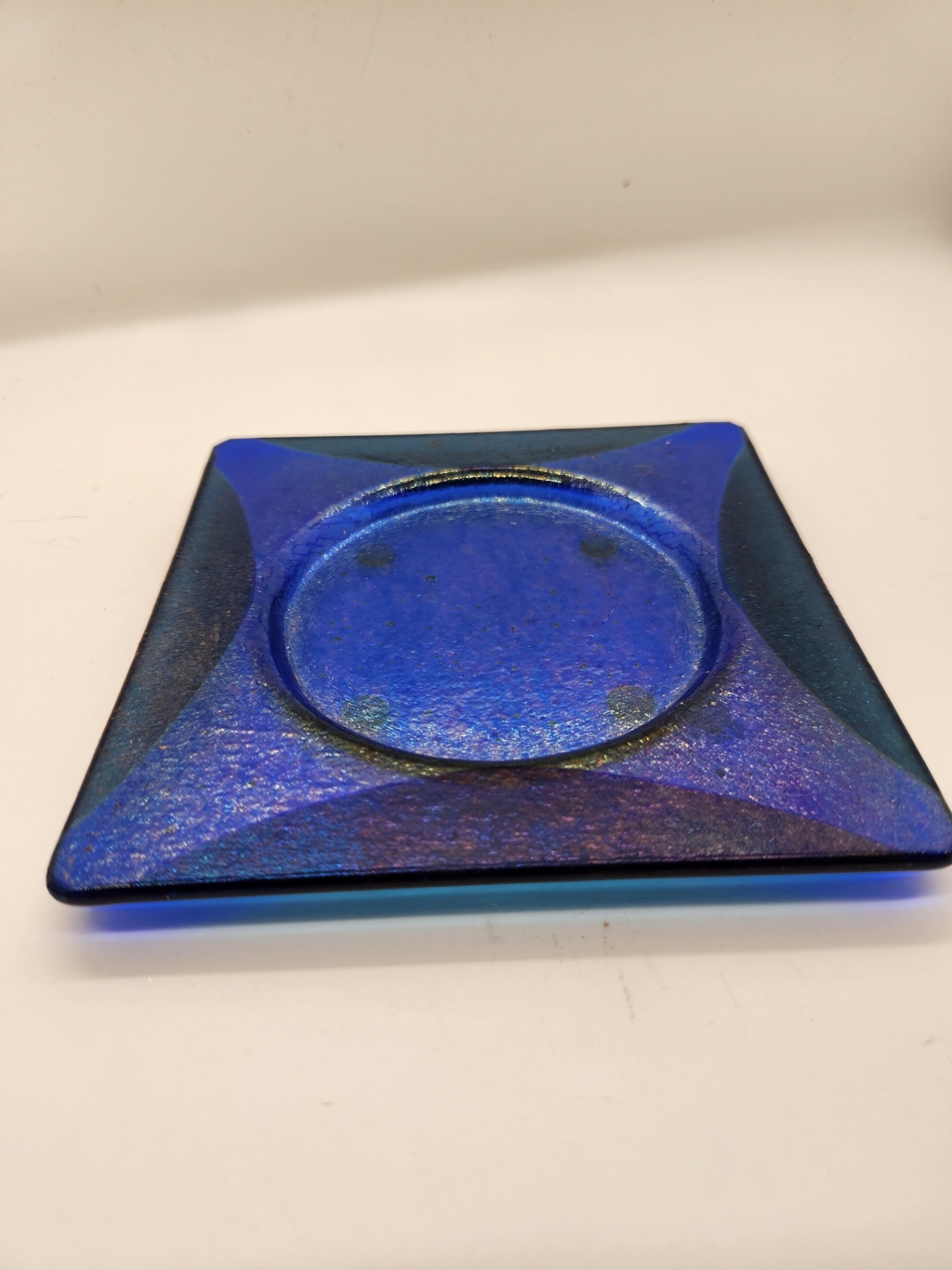 Blue Dichroic-Style Fused Glass Square Plate with Cobalt Blue Art Glass Vase – Contemporary Studio Glass Pair - image 3 of 7