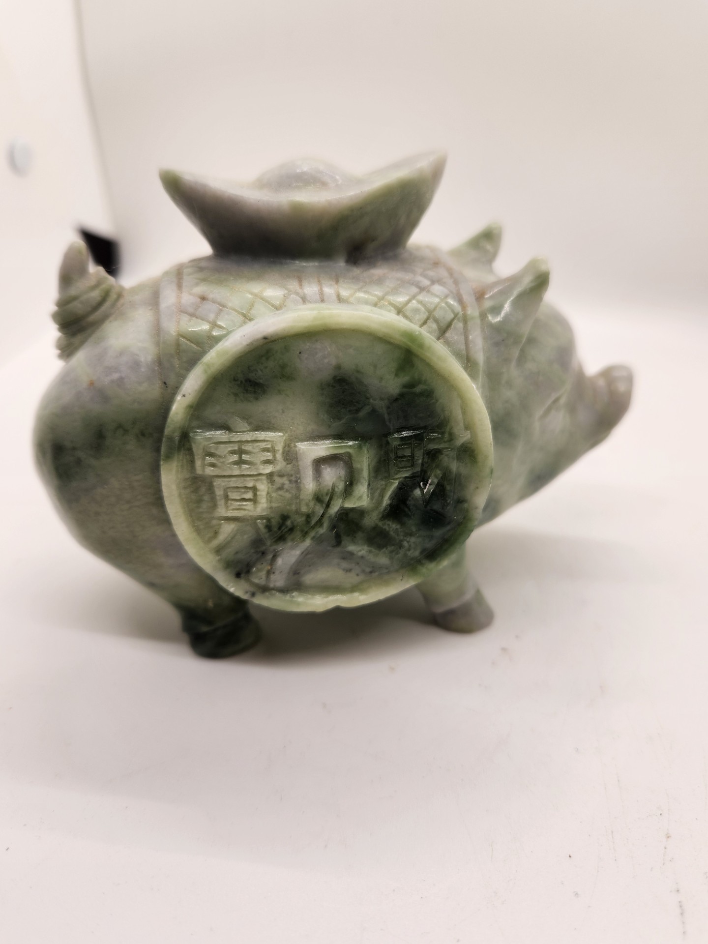 Hand-Carved Nephrite Jade or Serpentine Pig with Coin Motif & Soapstone/Marble Sculptural Rhinoceros Vintage Asian Stone Figures – Green Serpentine Pig with Coin & Brown Rhino Sculpture - image 15 of 15