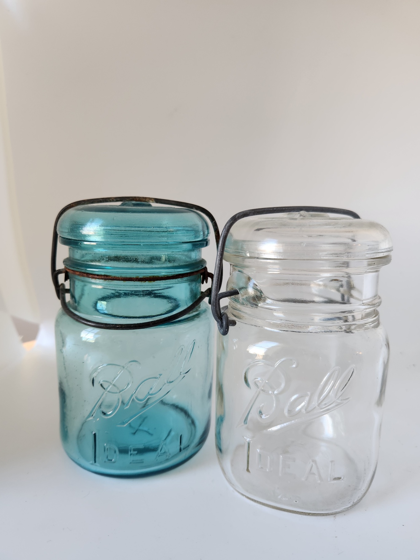 air of Antique Ball “IDEAL” Wire Bail Canning Jars – Aqua & Clear Glass w/ Original Lids, c.1910–1920 - image 2 of 6