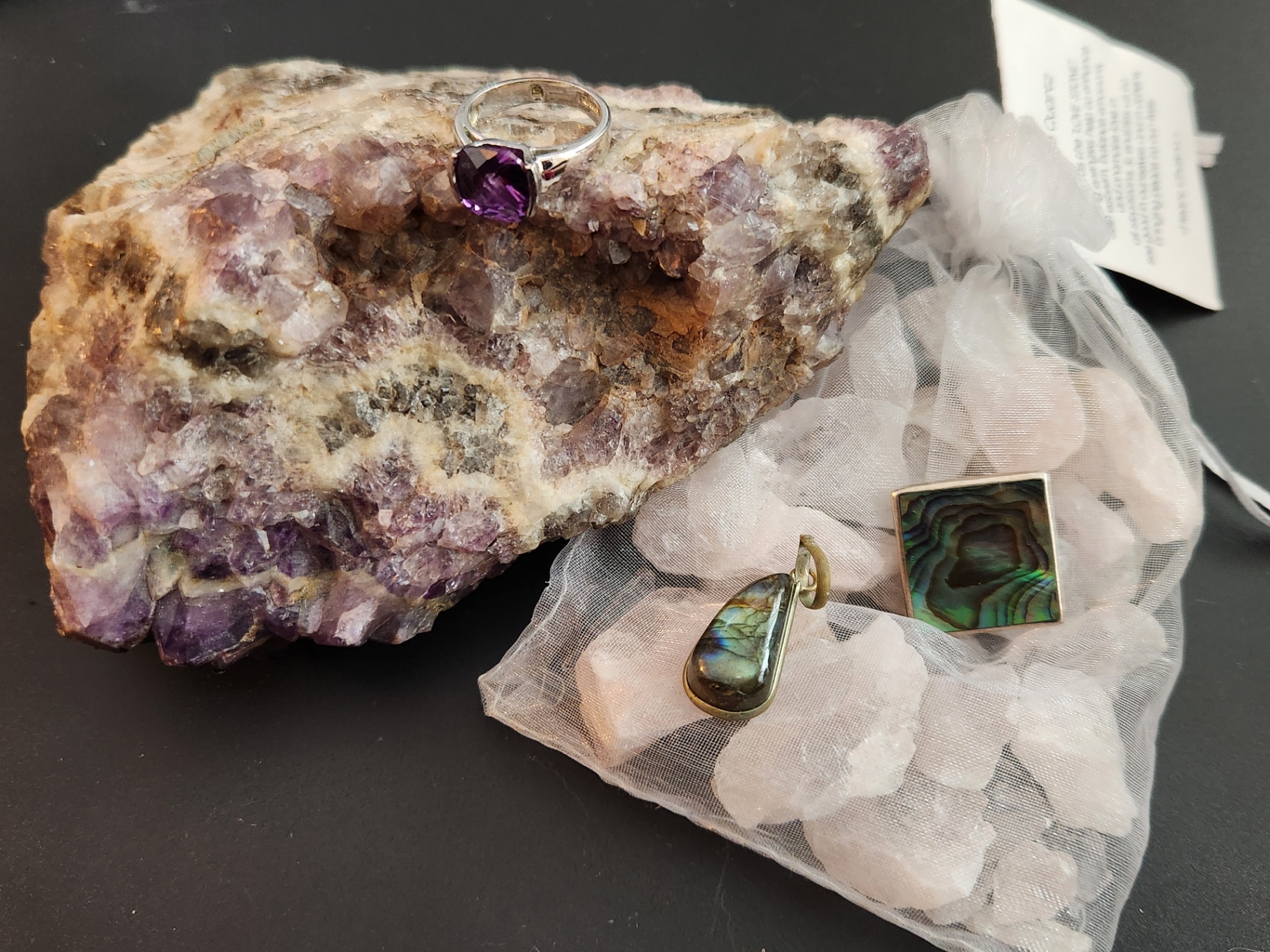 Jewelry Lot (Crystal Love & Protection) – bag of Rose Quartz, Amethyst Ring, Abalone pendant + Labradorite Pendant (all jewelry Sterling 925) - image 12 of 12