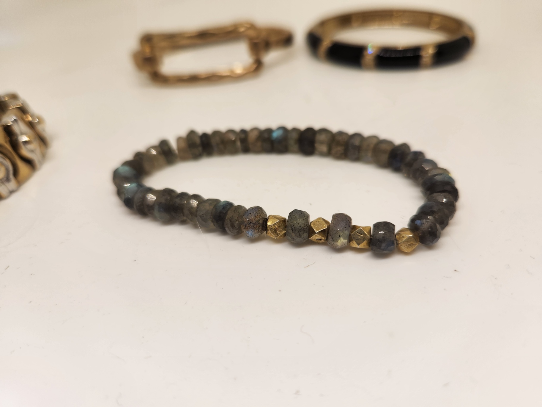 4-Piece Bracelet Lot – Gold Tone Bangle, Black Enamel Hinged Bracelet with enamel and crystals, Silver & Gold two-tone Link & Labradorite Stretch Bracelet - image 3 of 6