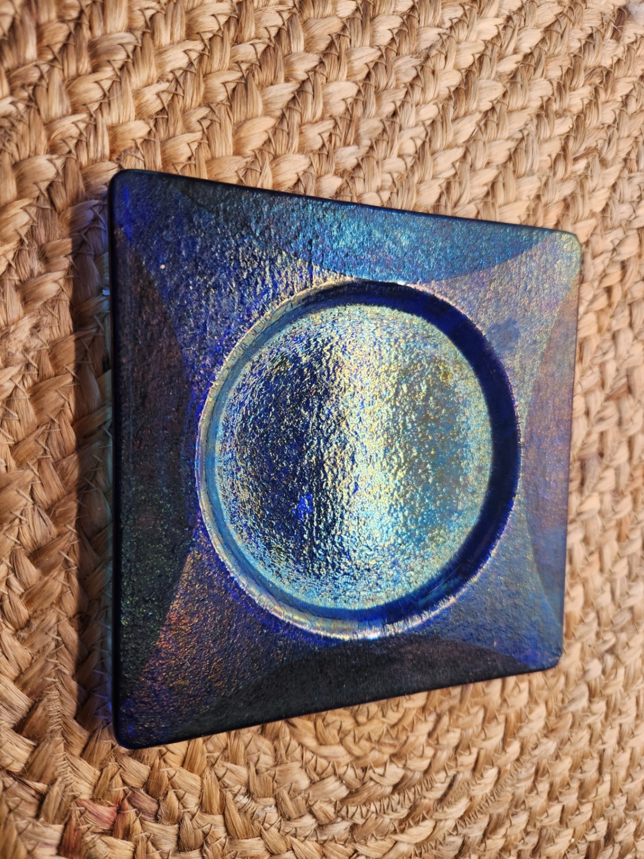 Blue Dichroic-Style Fused Glass Square Plate with Cobalt Blue Art Glass Vase – Contemporary Studio Glass Pair - image 4 of 7
