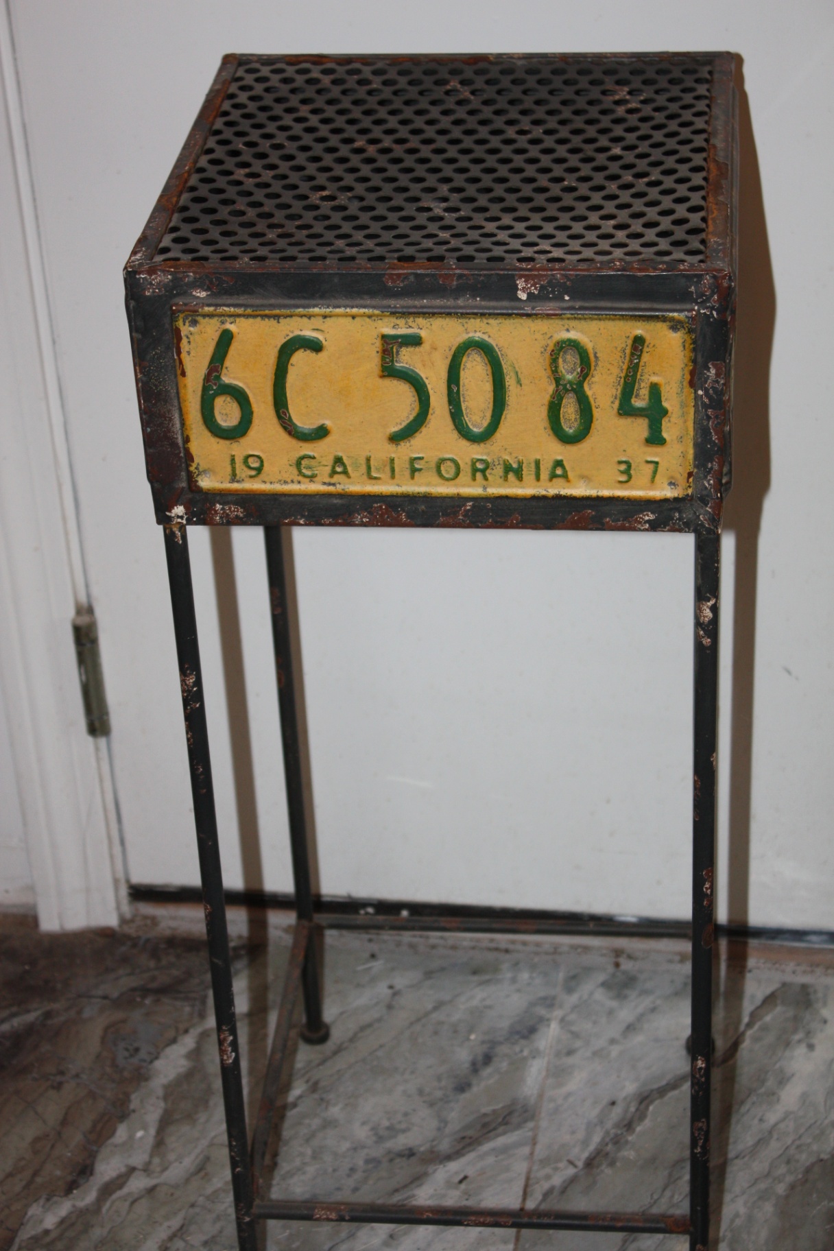 Vintage Industrial License-Plate Pedestal Stand – New Hampshire & California Plates, Perforated Steel Top - image 4 of 8
