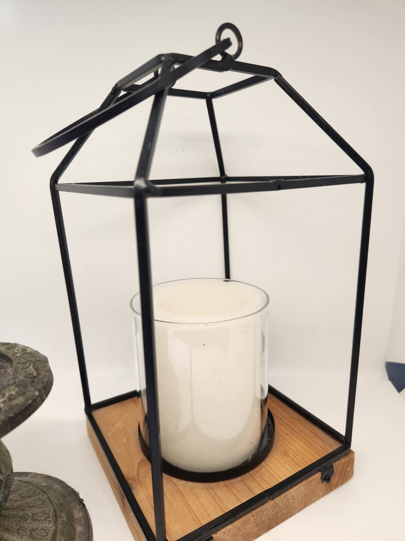 Black Metal & Wood Lantern w/ Battery Operated Candle + Weighted Metal Candle Holder - image 3 of 4