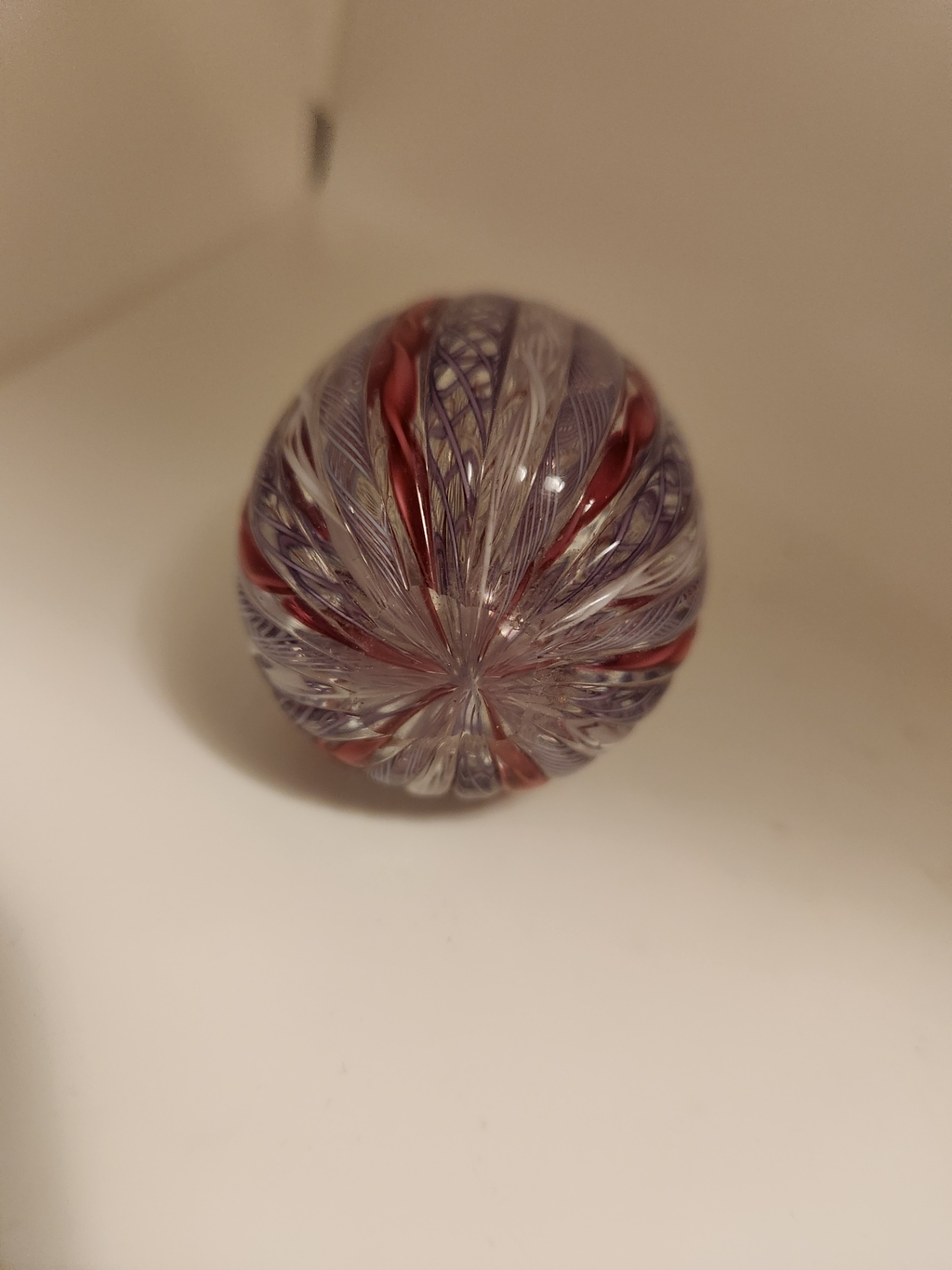 Hand Blown Art Glass Egg-Shaped Latticino Paperweight – Purple & Cranberry Ribbon Latticino Swirl Murano Paperweight - Maybe E Langbein - image 7 of 7