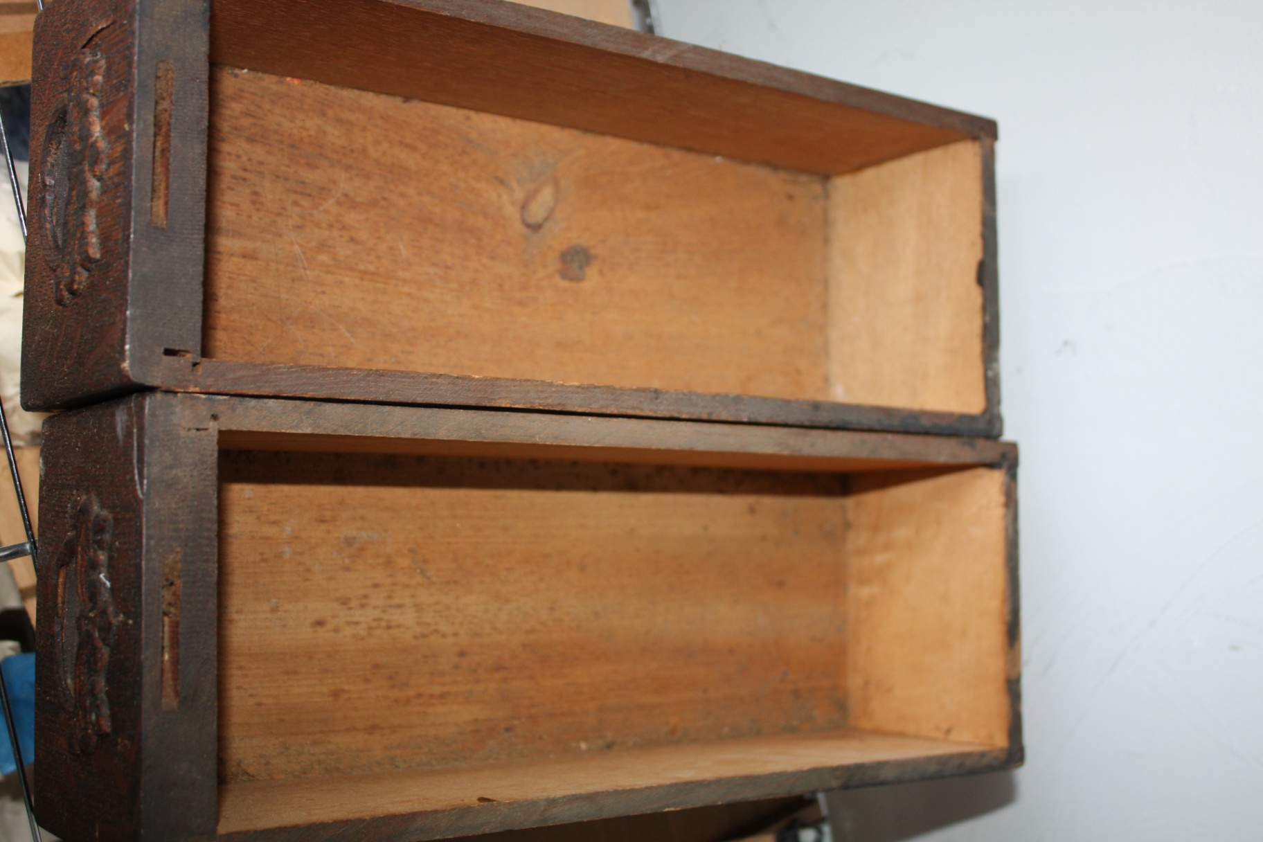 Pair Antique Quarter-Sawn Oak Sewing Machine Drawers with Ornate Pulls + Vintage Metal Oil Can - image 3 of 5