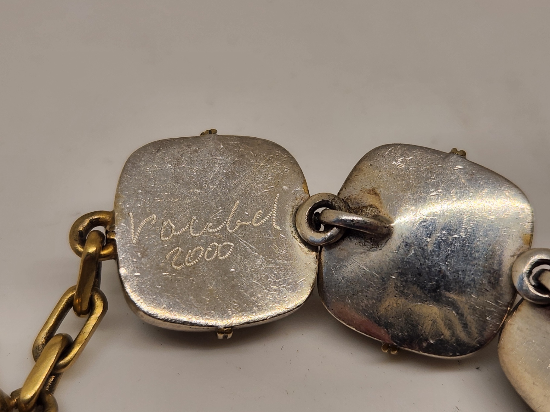 Signed Vaubel Bracelet – Iridescent Glass Stone Links – Mixed Metal – 2 Stones Missing ($6890 retail) - image 9 of 11
