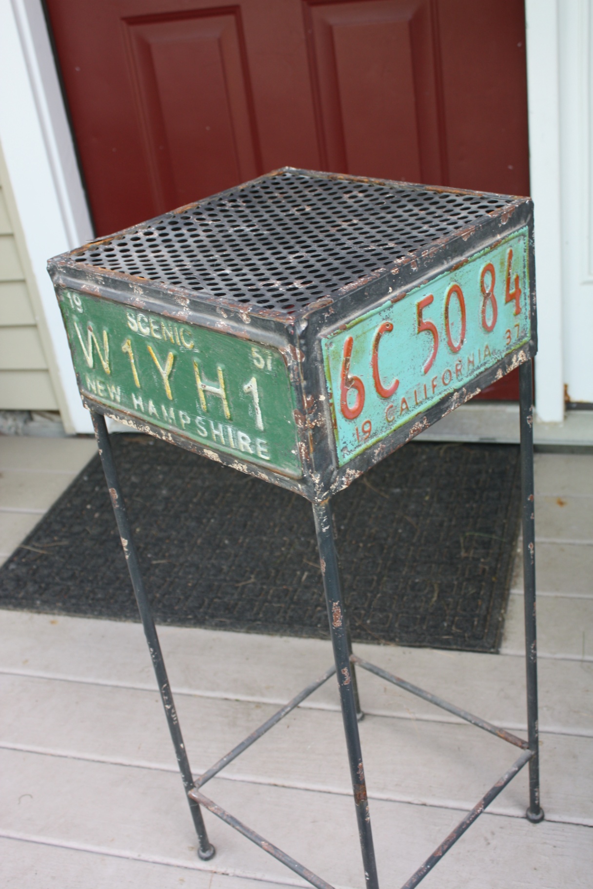 Vintage Industrial License-Plate Pedestal Stand – New Hampshire & California Plates, Perforated Steel Top - image 6 of 8