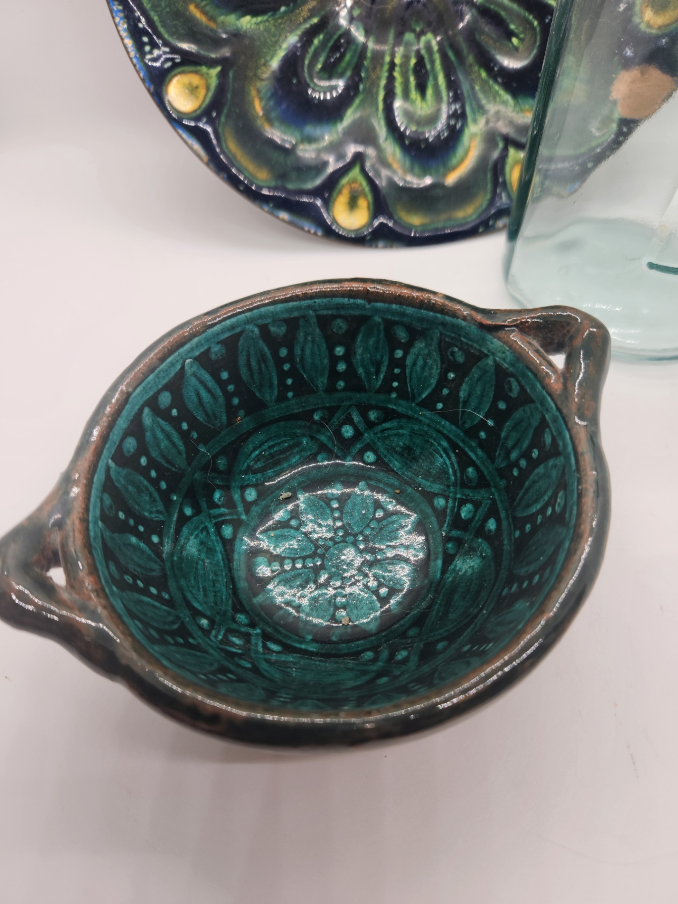 Decorative/Eclectic Lot - Mid-Century Enamel on Copper Plate, 1/2 KG Aqua Glass Jar, Green Hand-Painted Pottery Bowl & Mercury Glass Ornament - image 3 of 5