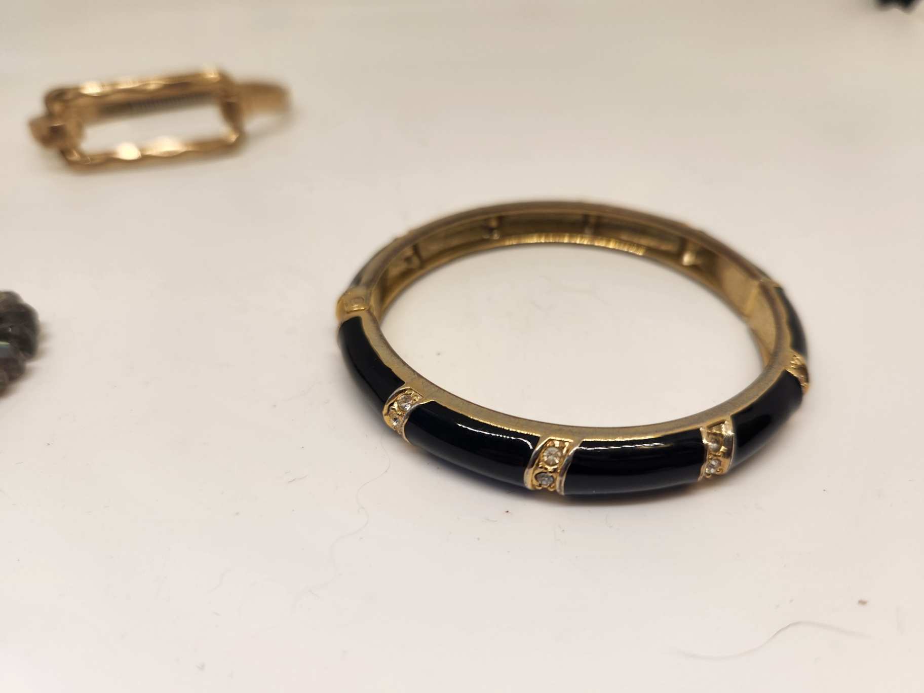 4-Piece Bracelet Lot – Gold Tone Bangle, Black Enamel Hinged Bracelet with enamel and crystals, Silver & Gold two-tone Link & Labradorite Stretch Bracelet - image 5 of 6