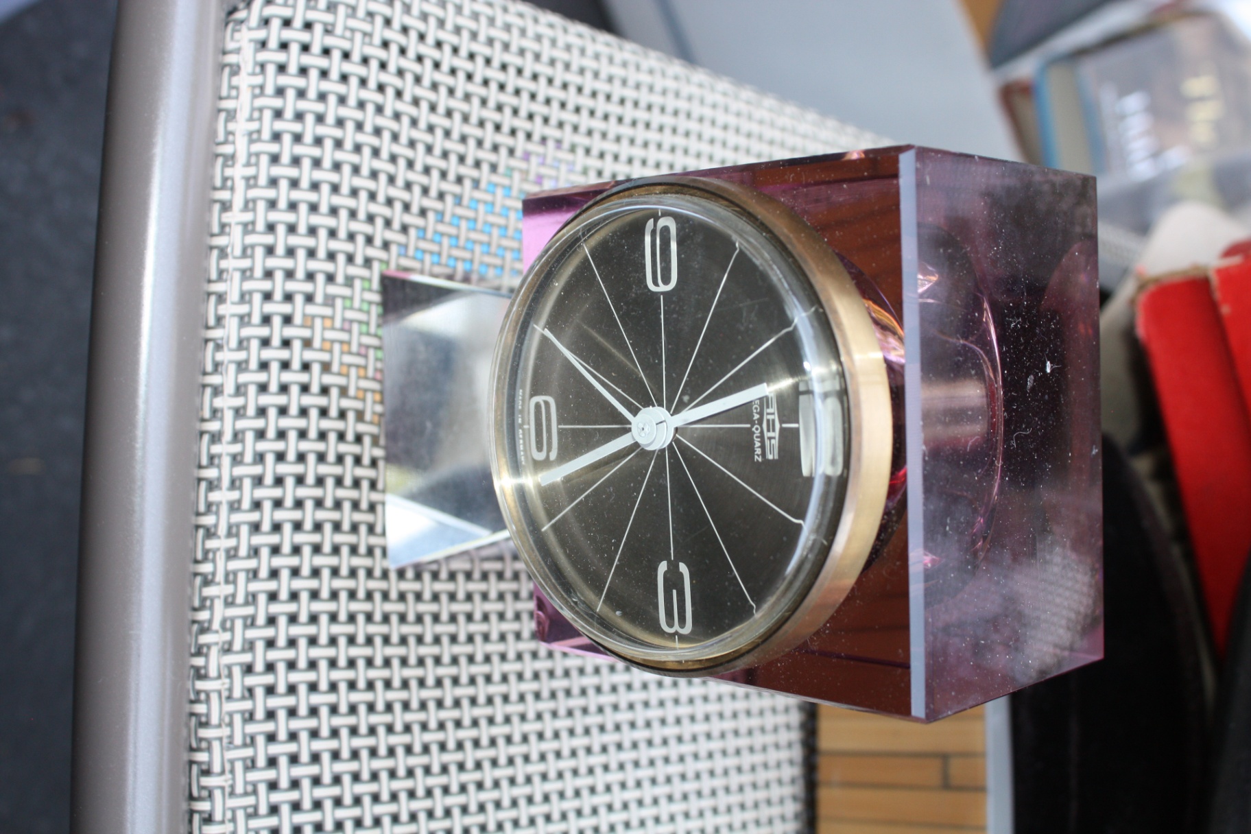 Vintage Mid Century Modern AHS Mega-Quarz Modernist Desk Clock - Lavender and Clear Acrylic & Silver metal - image 14 of 19