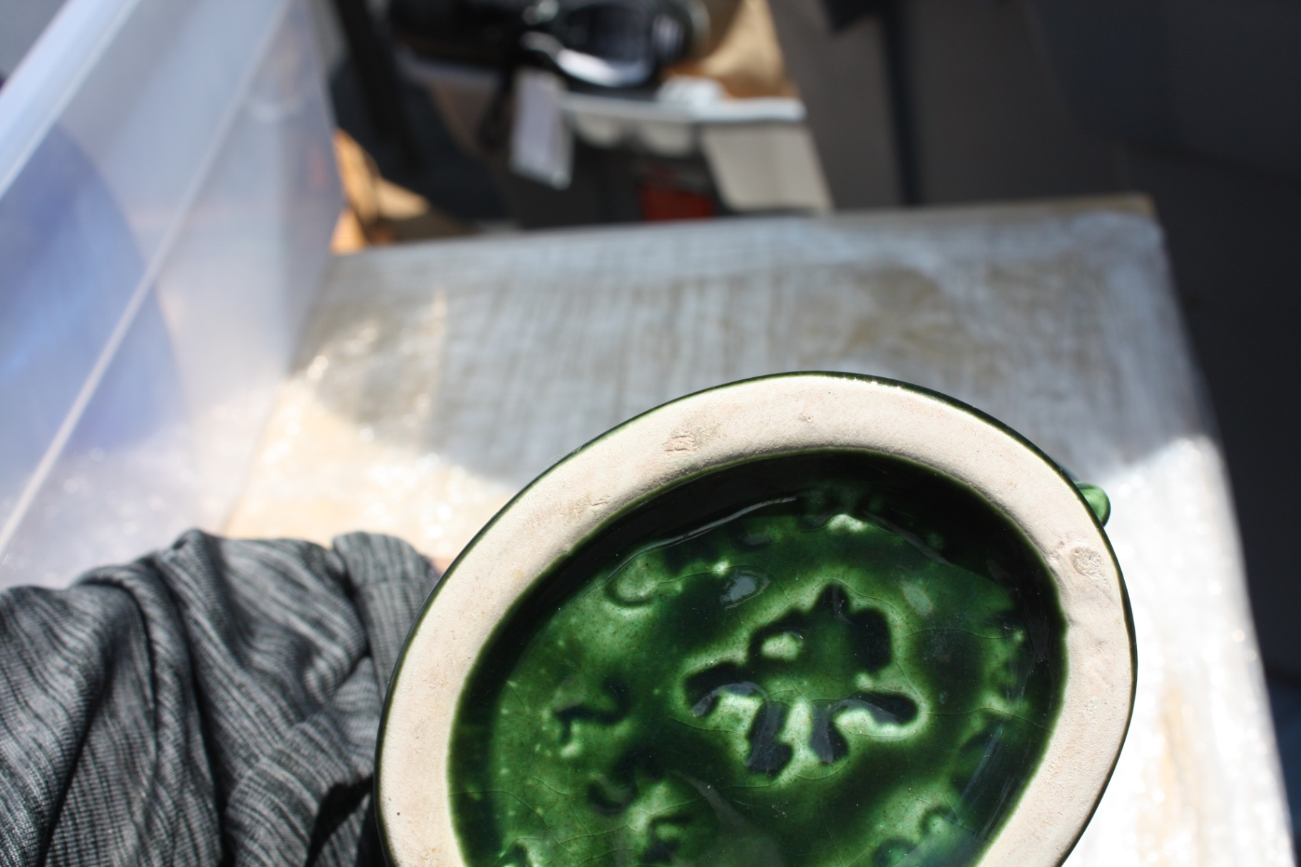 dark mottled green Dartmouth Pottery gurgle jug and saucer - image 3 of 6