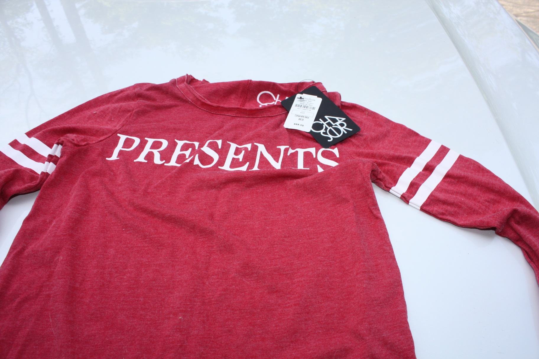 BNWT x-small Chaser “PRESENTS” Red Graphic Long Sleeve Baseball-Style Tee T-Shirt - image 2 of 4