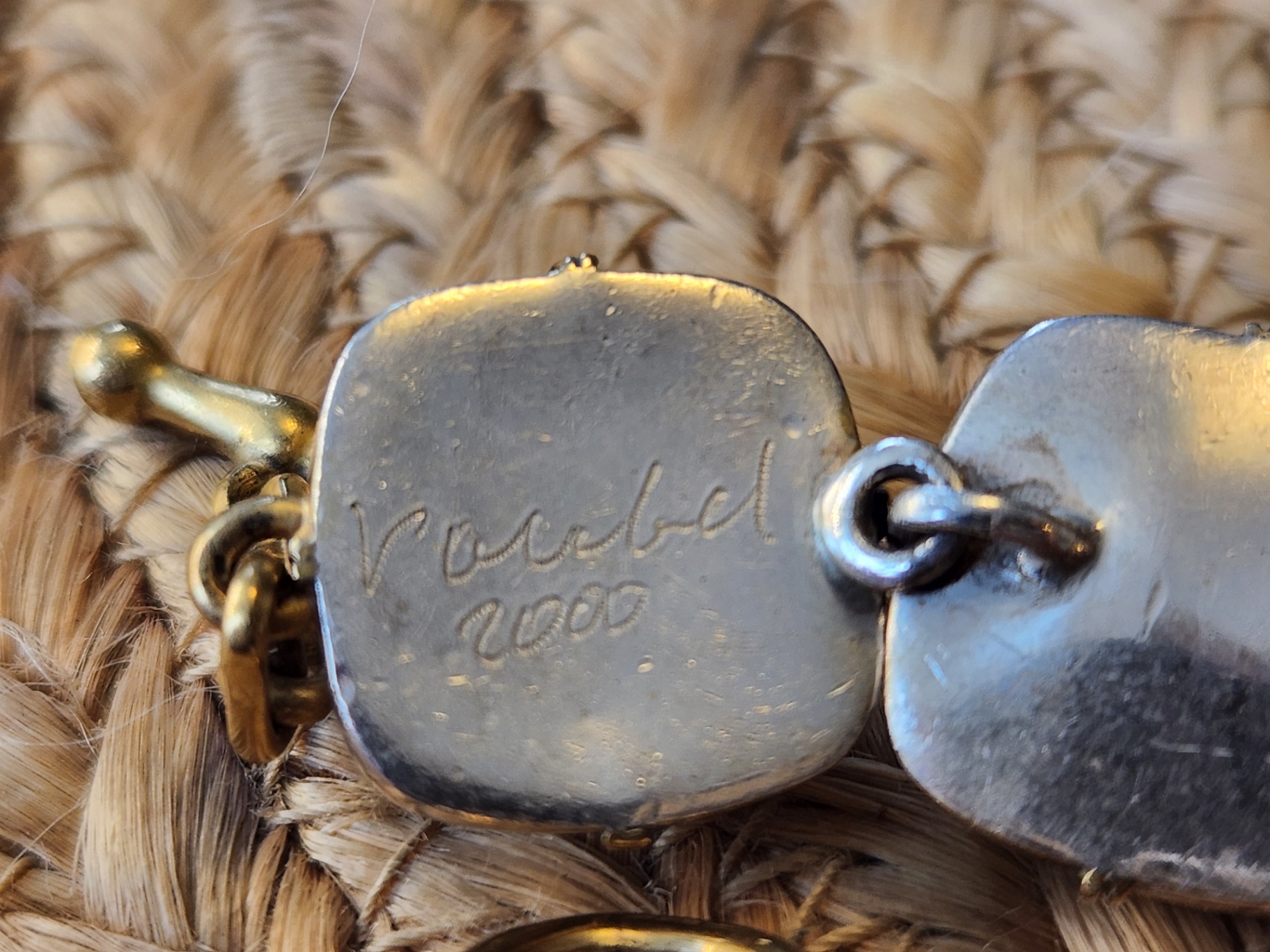 Signed Vaubel Bracelet – Iridescent Glass Stone Links – Mixed Metal – 2 Stones Missing ($6890 retail) - image 8 of 11