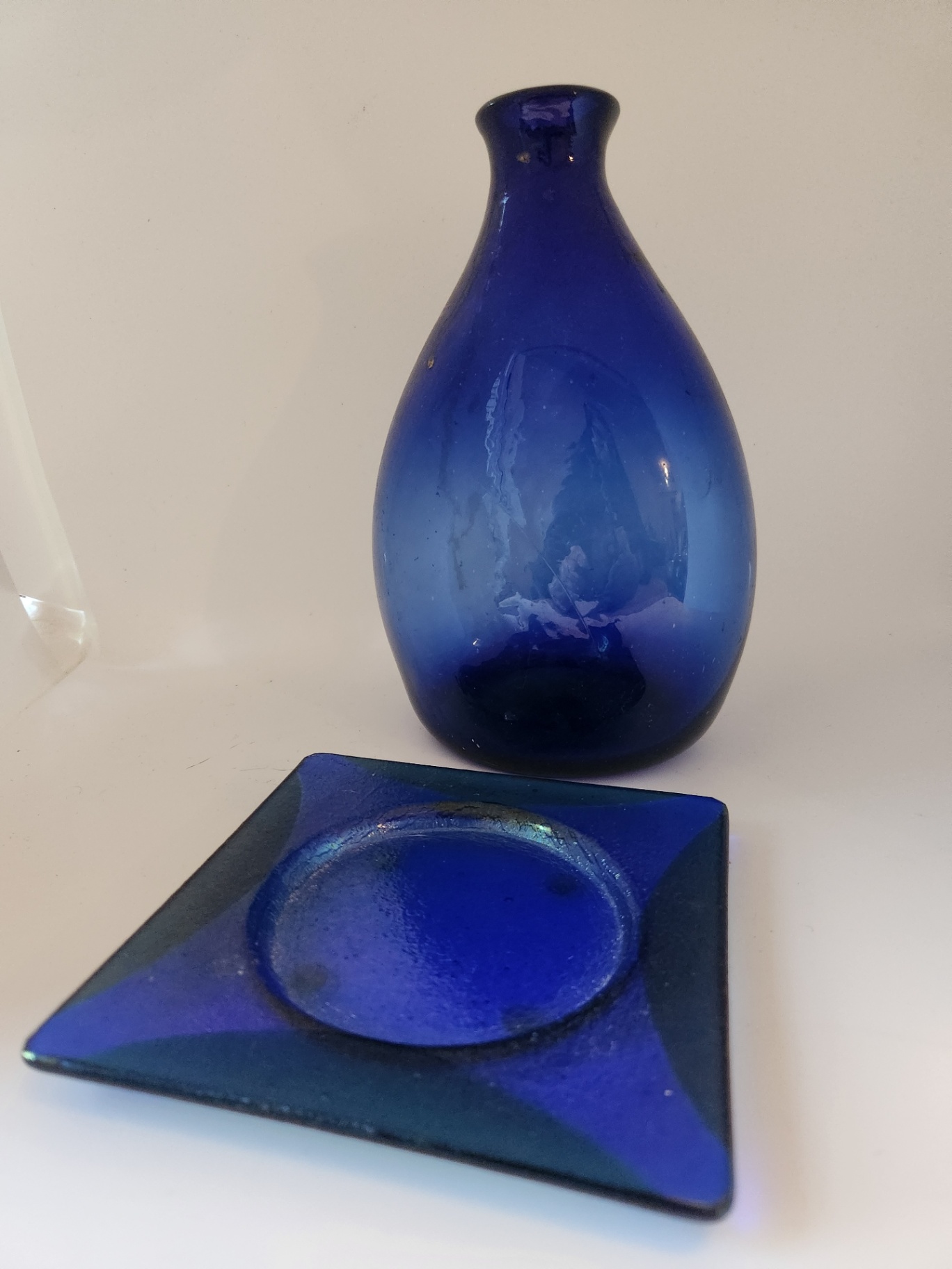 Blue Dichroic-Style Fused Glass Square Plate with Cobalt Blue Art Glass Vase – Contemporary Studio Glass Pair - image 1 of 7