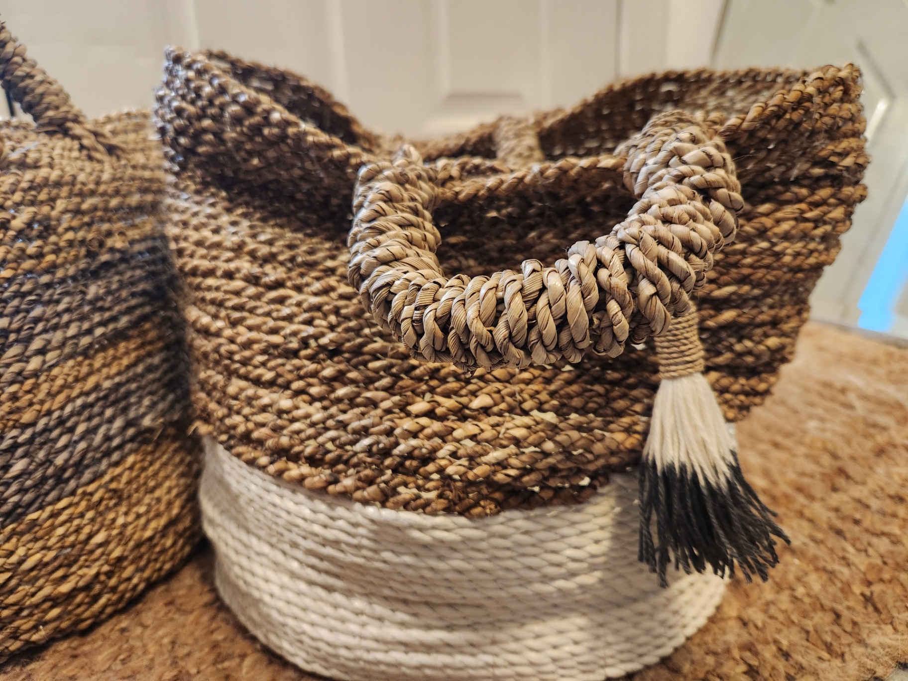 Set of 2 Large Handwoven Straw Storage Baskets w/ Handles & Tassel – Boho Coastal Decor, approx. 18” Tall - image 3 of 5