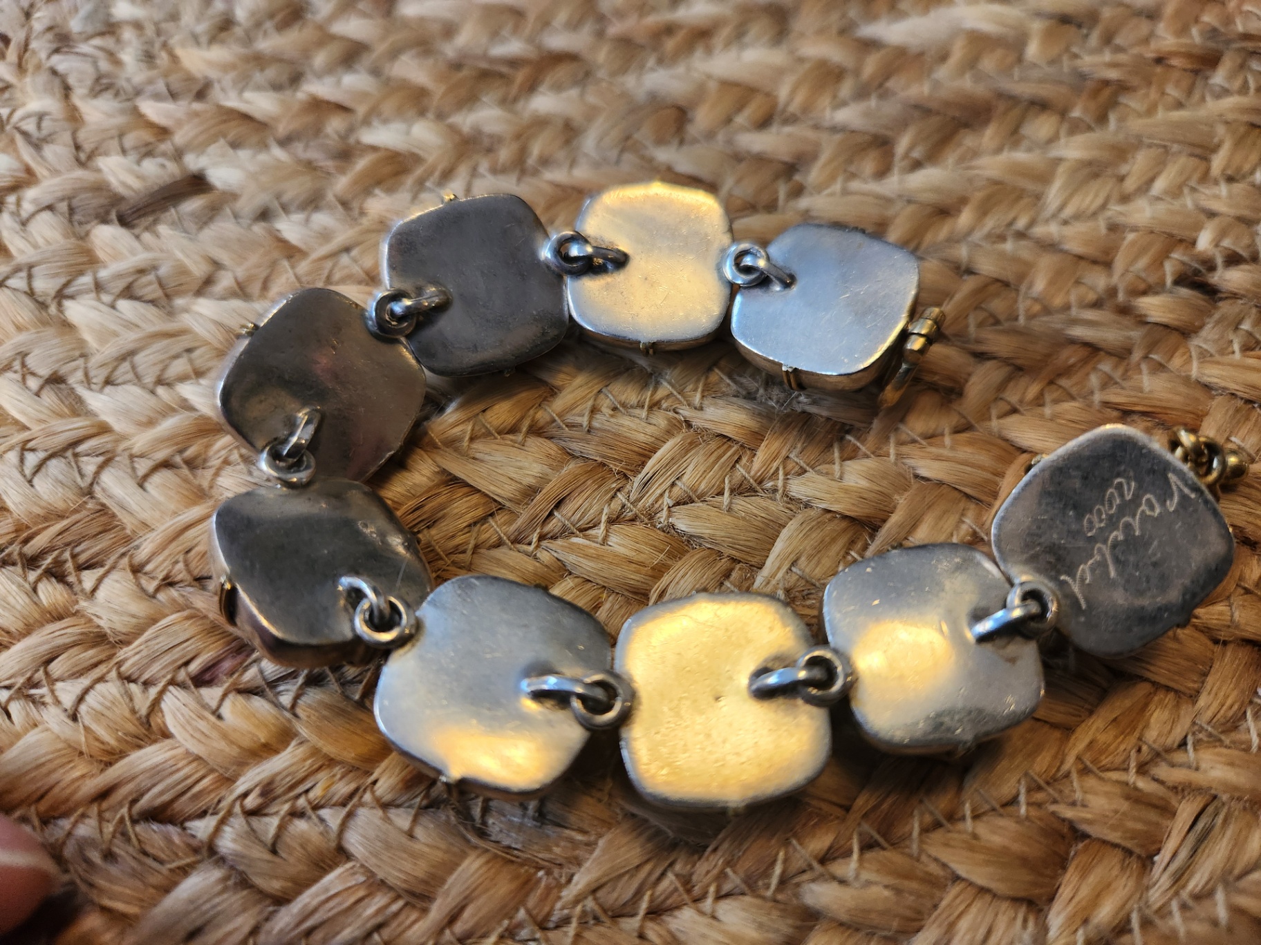 Signed Vaubel Bracelet – Iridescent Glass Stone Links – Mixed Metal – 2 Stones Missing ($6890 retail) - image 6 of 11