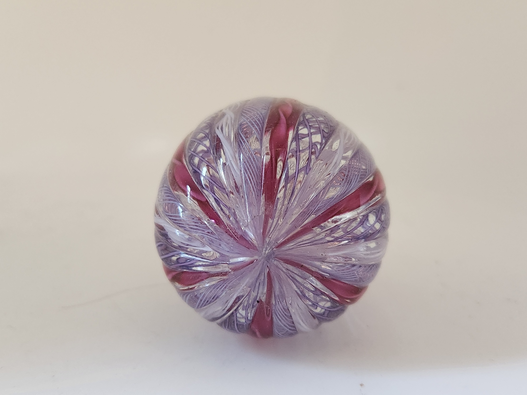 Hand Blown Art Glass Egg-Shaped Latticino Paperweight – Purple & Cranberry Ribbon Latticino Swirl Murano Paperweight - Maybe E Langbein - image 3 of 7