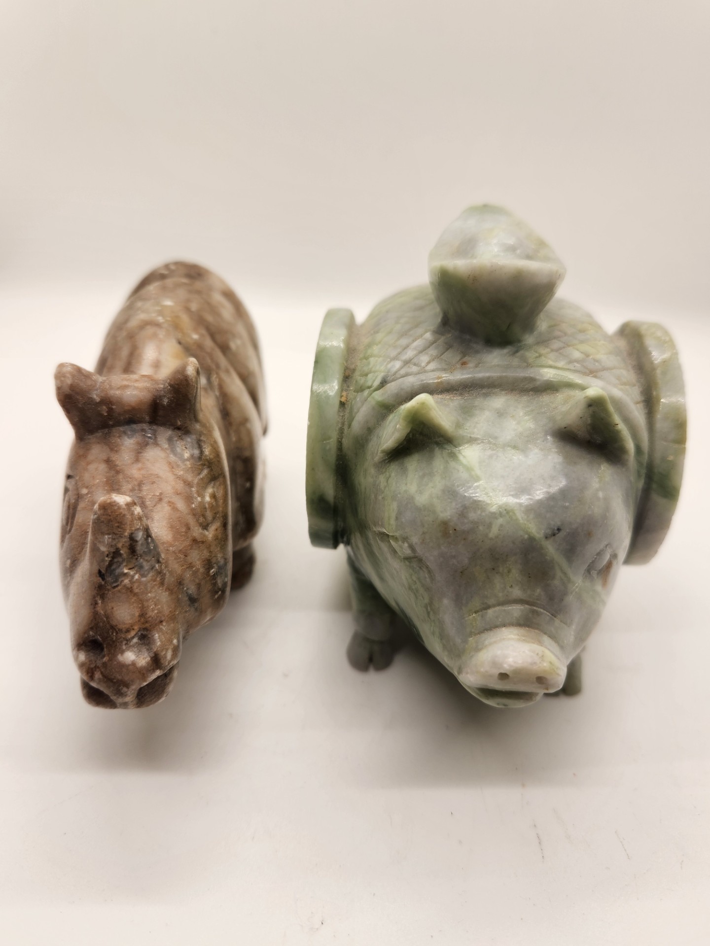 Hand-Carved Nephrite Jade or Serpentine Pig with Coin Motif & Soapstone/Marble Sculptural Rhinoceros Vintage Asian Stone Figures – Green Serpentine Pig with Coin & Brown Rhino Sculpture - image 1 of 15