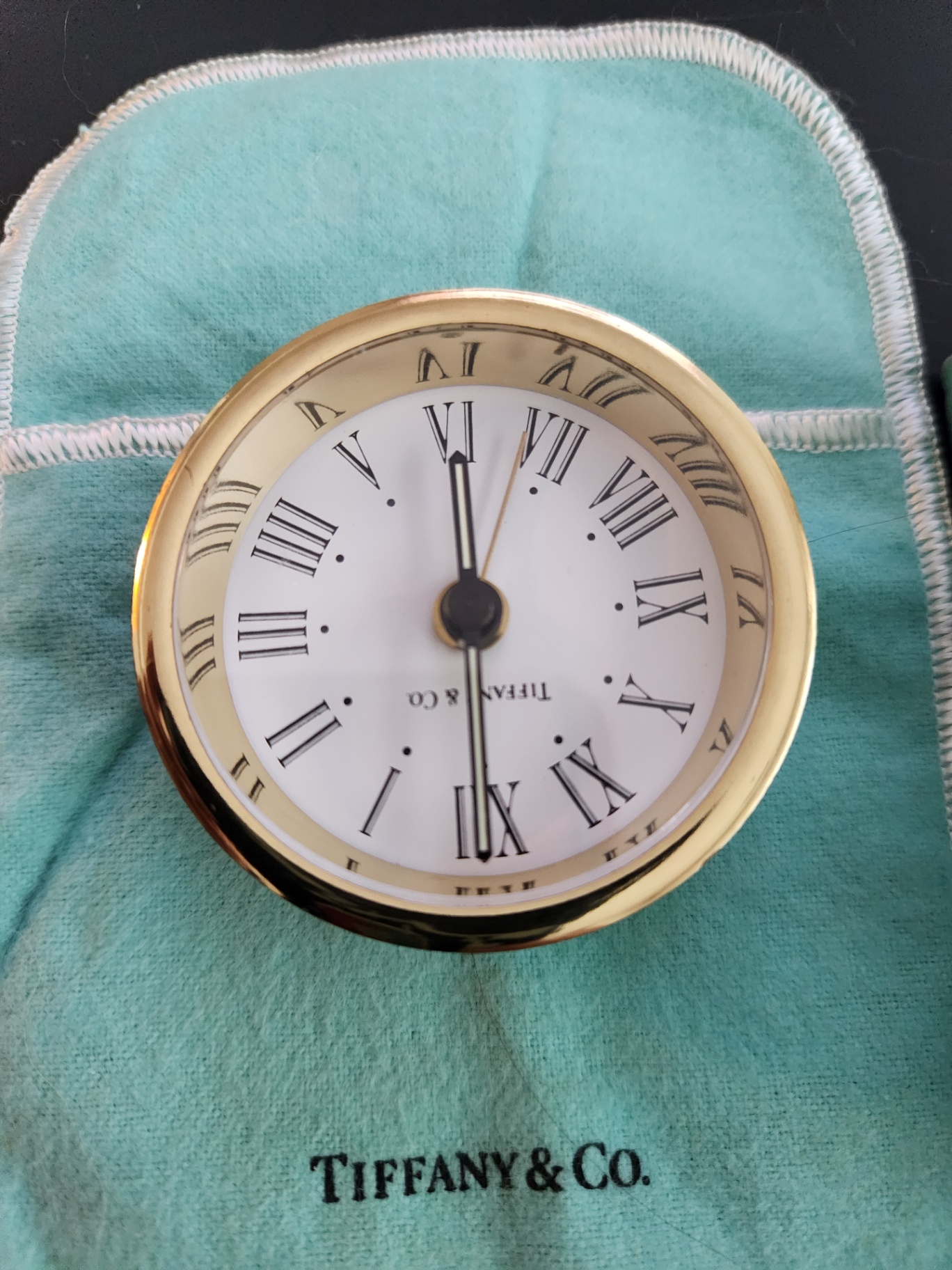 Vintage Tiffany & Co. Desk Clock 2” Brass Tone Roman Numerals w/ Tiffany Box – Needs Battery - image 5 of 9