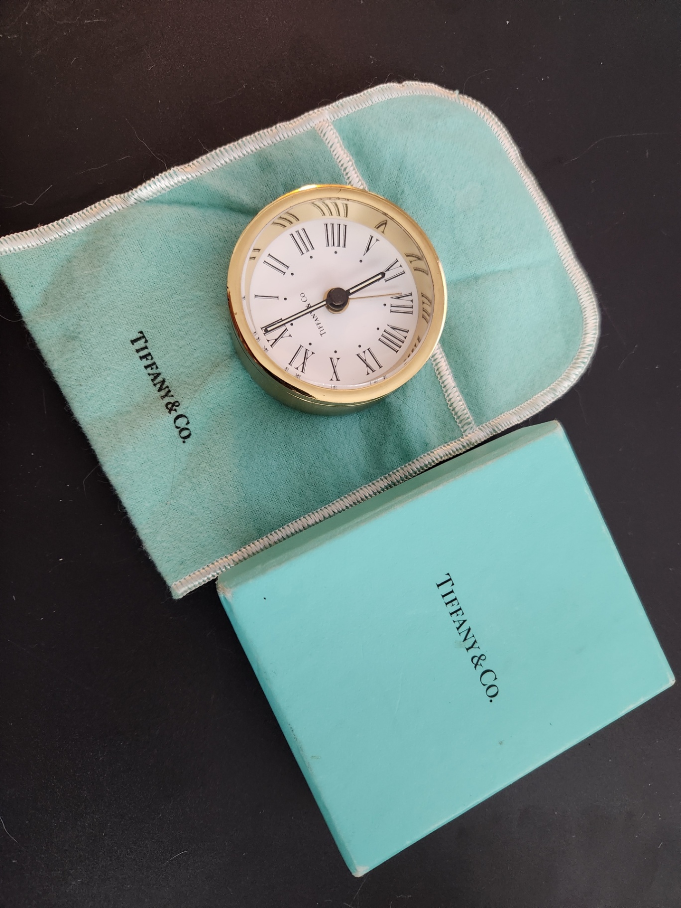 Vintage Tiffany & Co. Desk Clock 2” Brass Tone Roman Numerals w/ Tiffany Box – Needs Battery - image 1 of 9