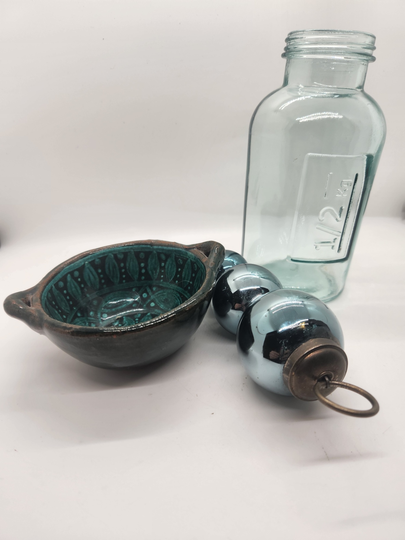 Decorative/Eclectic Lot - Mid-Century Enamel on Copper Plate, 1/2 KG Aqua Glass Jar, Green Hand-Painted Pottery Bowl & Mercury Glass Ornament - image 2 of 5