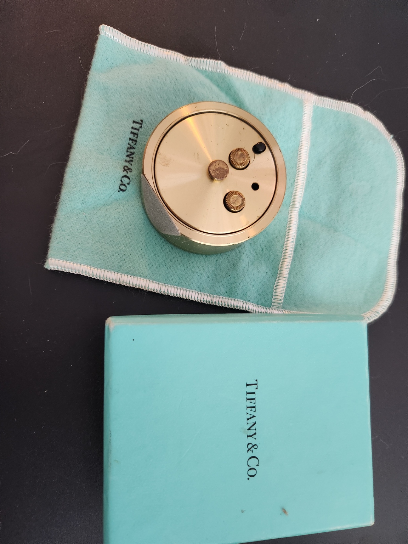 Vintage Tiffany & Co. Desk Clock 2” Brass Tone Roman Numerals w/ Tiffany Box – Needs Battery - image 7 of 9