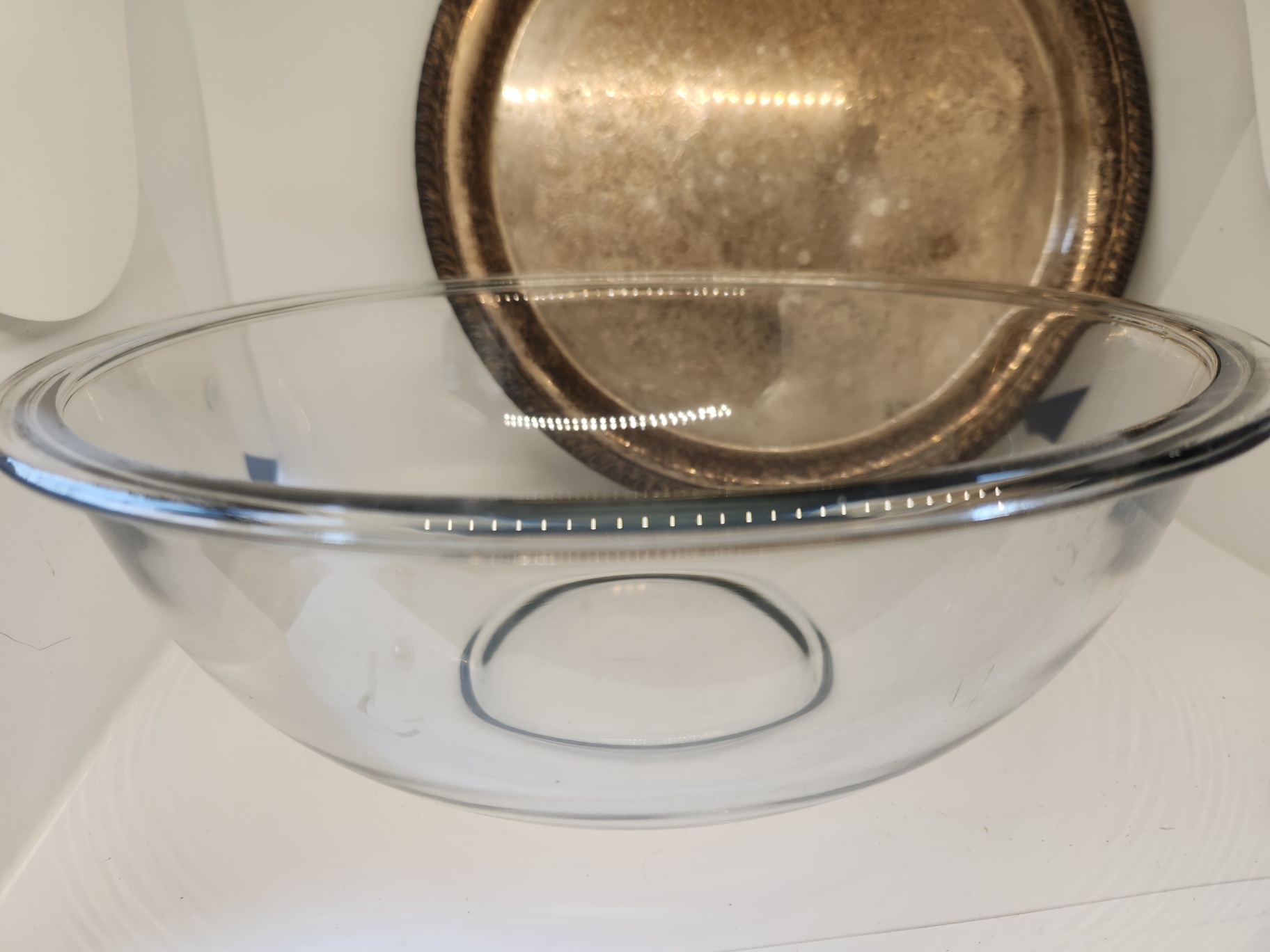 12” Clear Pyrex Glass Serving / Baking Dish + Vintage Wm. Rogers Silverplate Tray (Etched Floral Rope Edge) - image 2 of 5