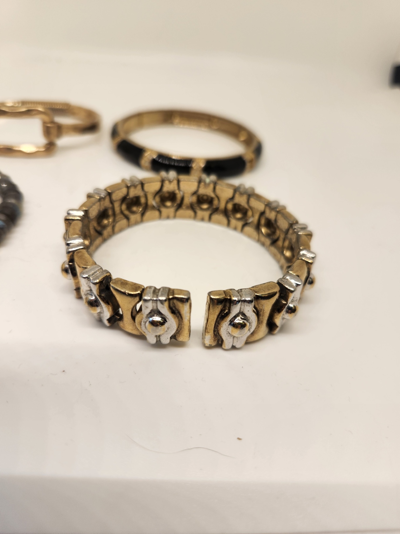 4-Piece Bracelet Lot – Gold Tone Bangle, Black Enamel Hinged Bracelet with enamel and crystals, Silver & Gold two-tone Link & Labradorite Stretch Bracelet - image 2 of 6