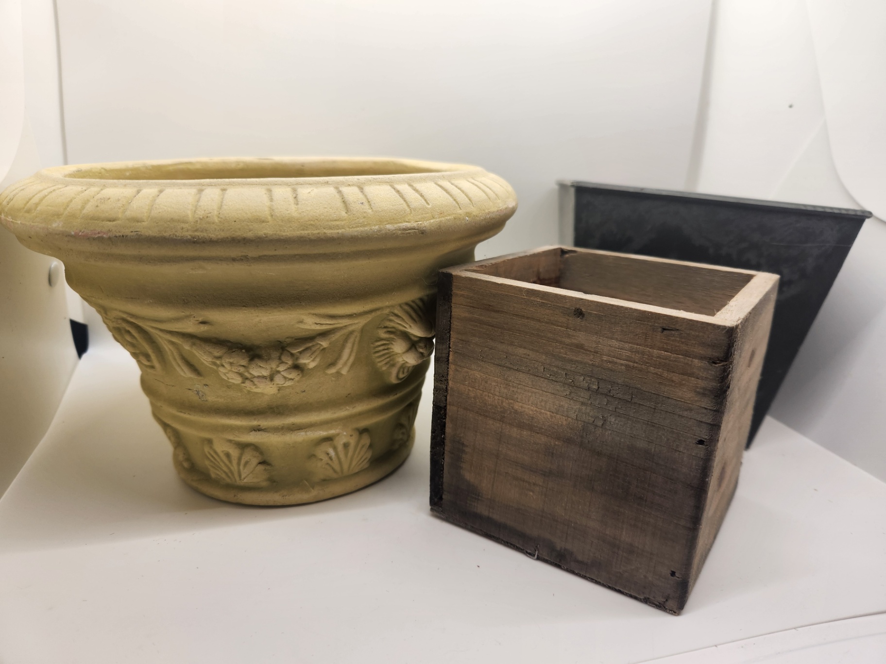 Group of Three Planters – Ceramic Urn, Wooden Box Planter & Black Metal Square Planter - image 1 of 7