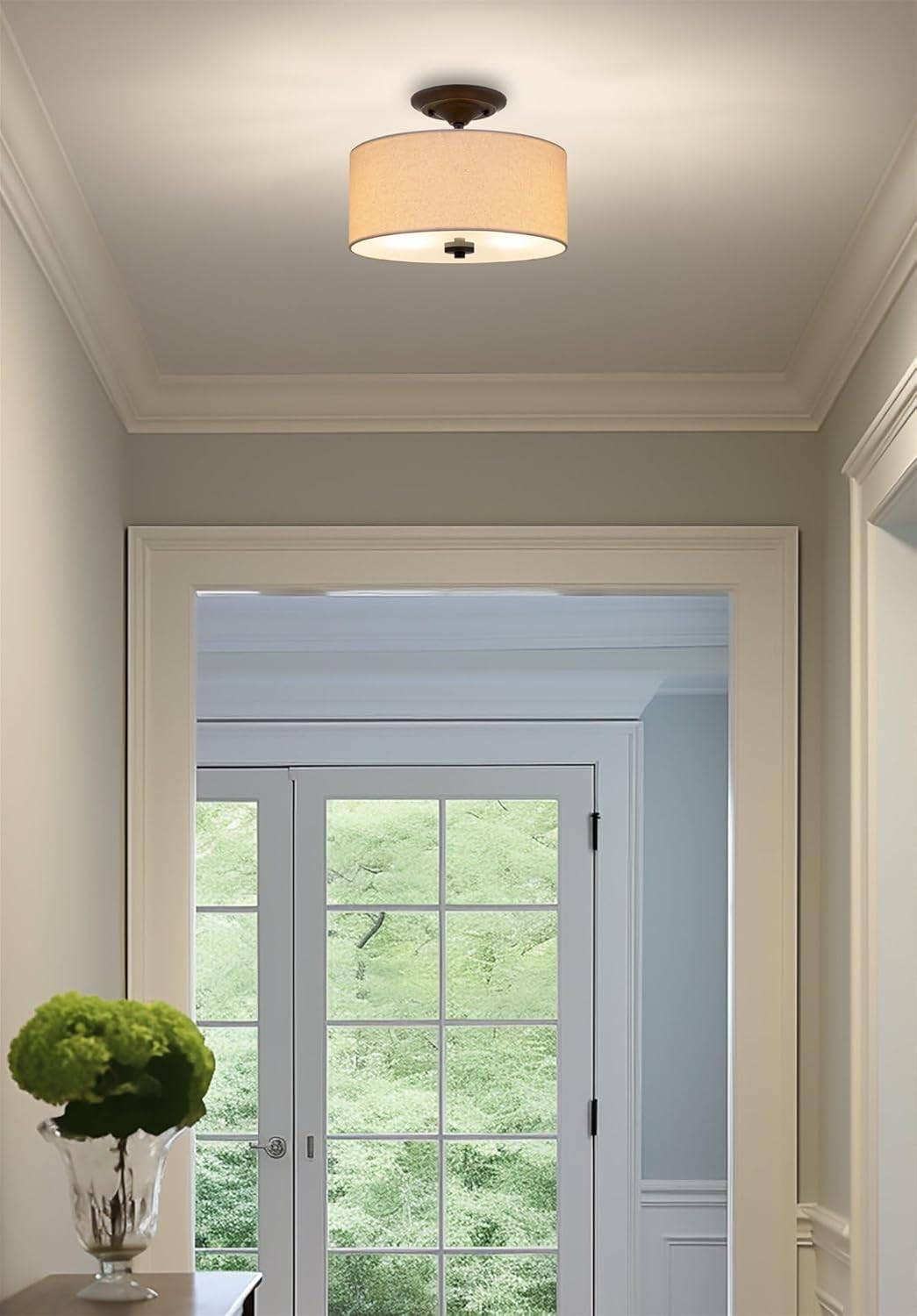 Kira Home Addison 13" 2-Light Semi-Flush Mount Ceiling Light Fixture with Off-White Fabric Drum Shade, Bronze Finish - image 1 of 7