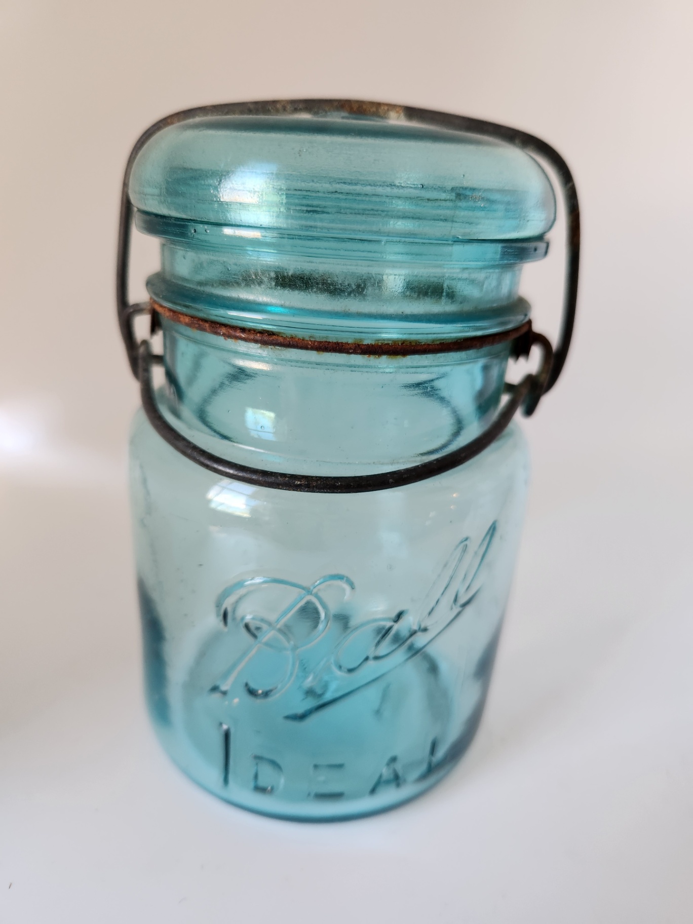 air of Antique Ball “IDEAL” Wire Bail Canning Jars – Aqua & Clear Glass w/ Original Lids, c.1910–1920 - image 6 of 6