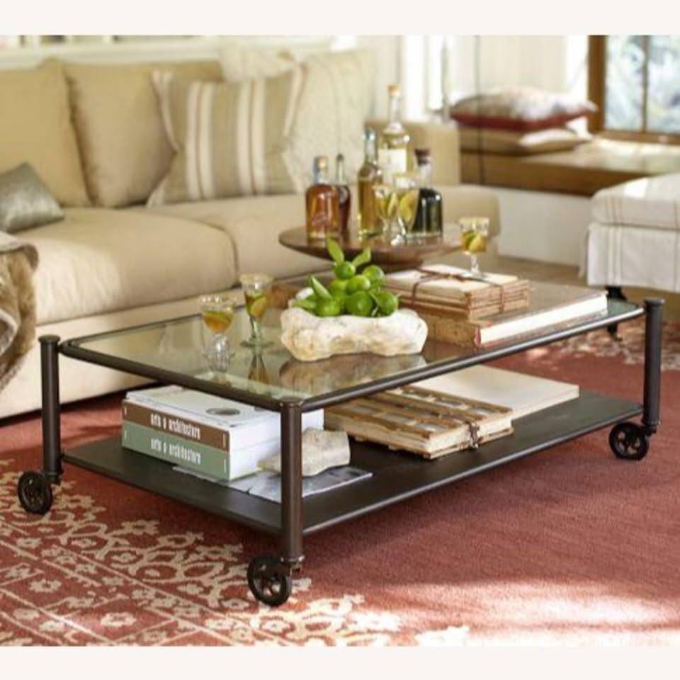 Pottery Barn  "Robert" metal and glass coffee table on wheels - Industrial style - image 1 of 3