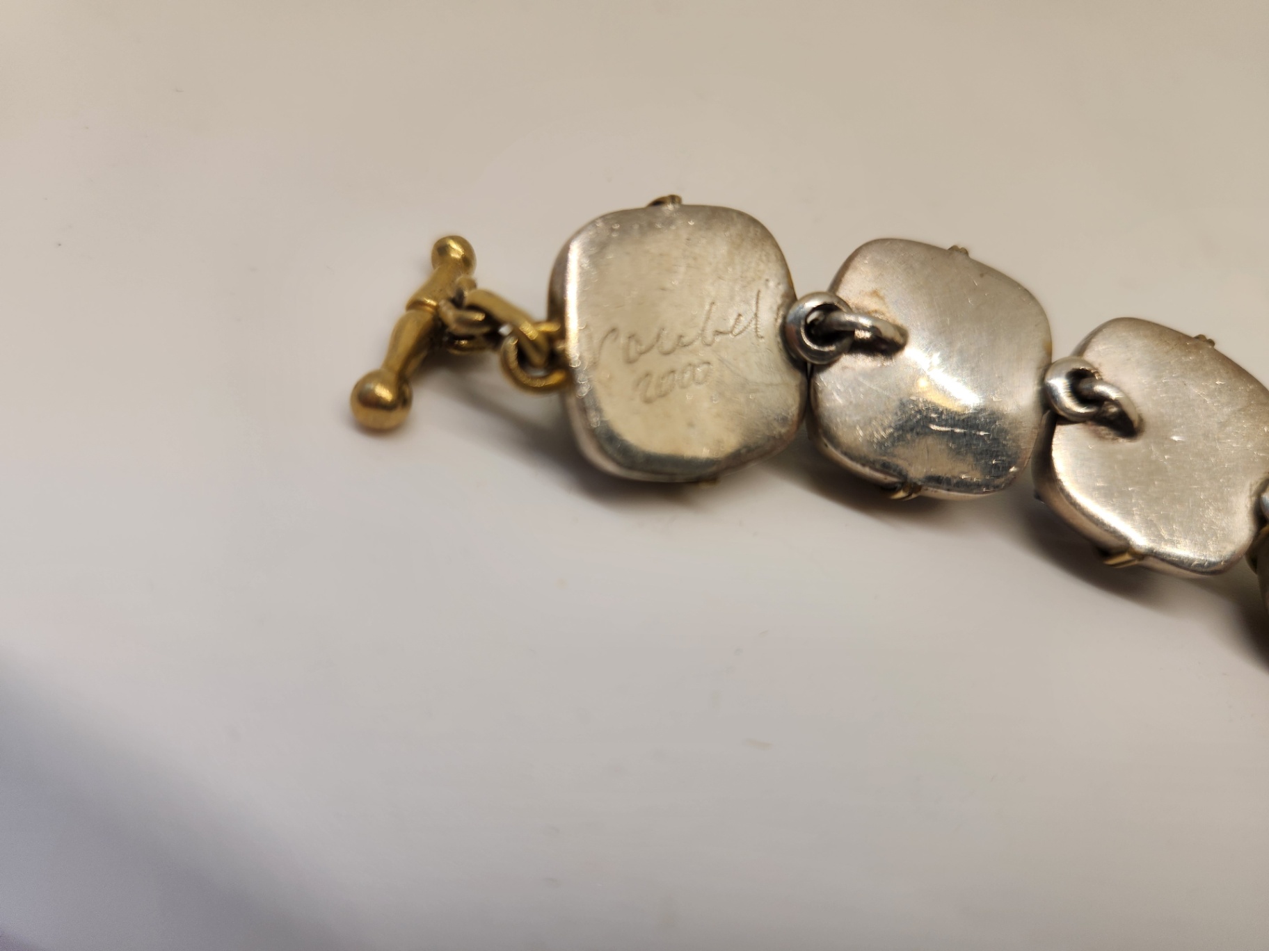Signed Vaubel Bracelet – Iridescent Glass Stone Links – Mixed Metal – 2 Stones Missing ($6890 retail) - image 3 of 11