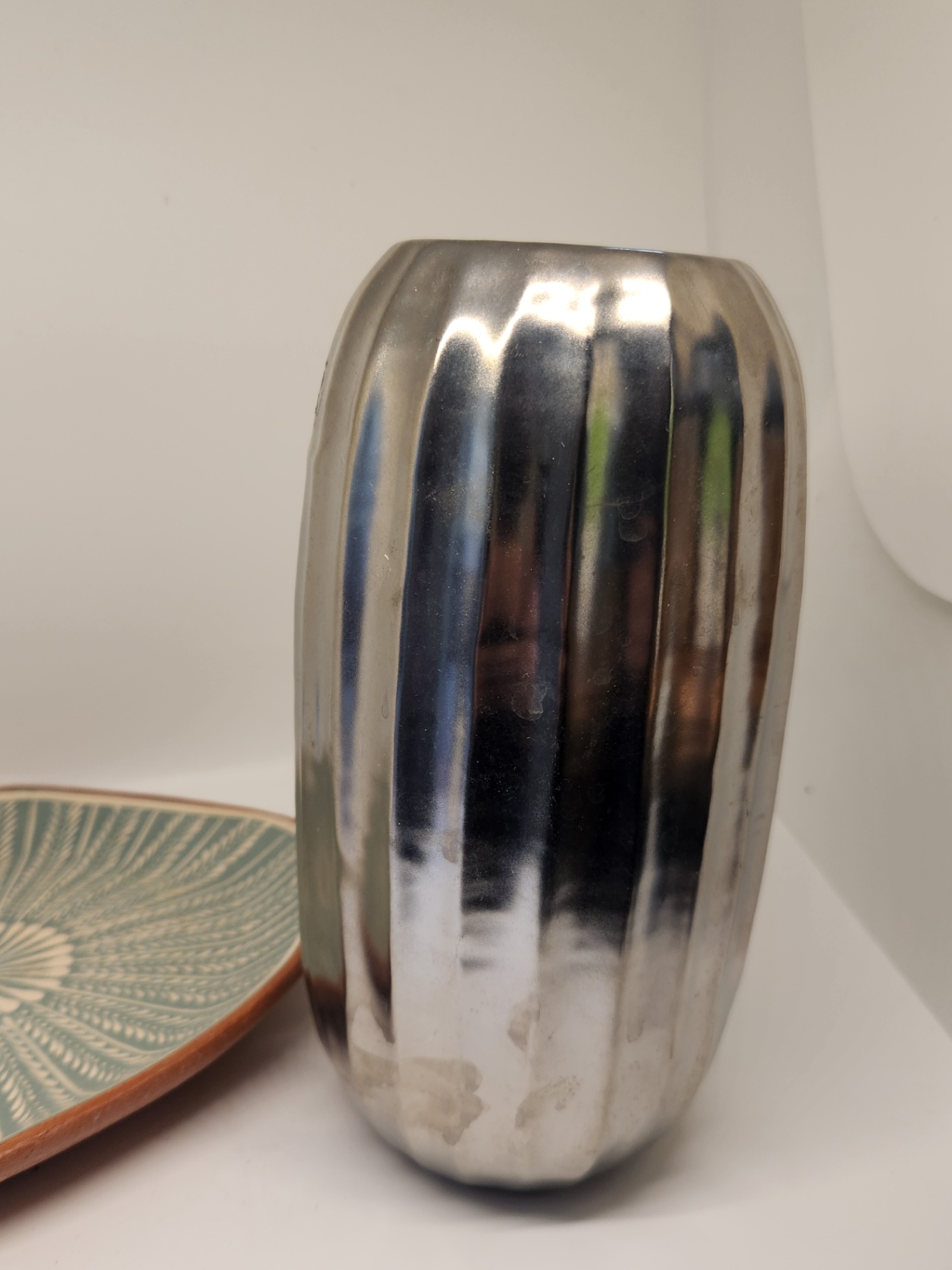 Handmade Italian Pottery Dish “San Plomo” + Silvered Glass Ribbed Vase (2pc Decor Set) - image 4 of 7