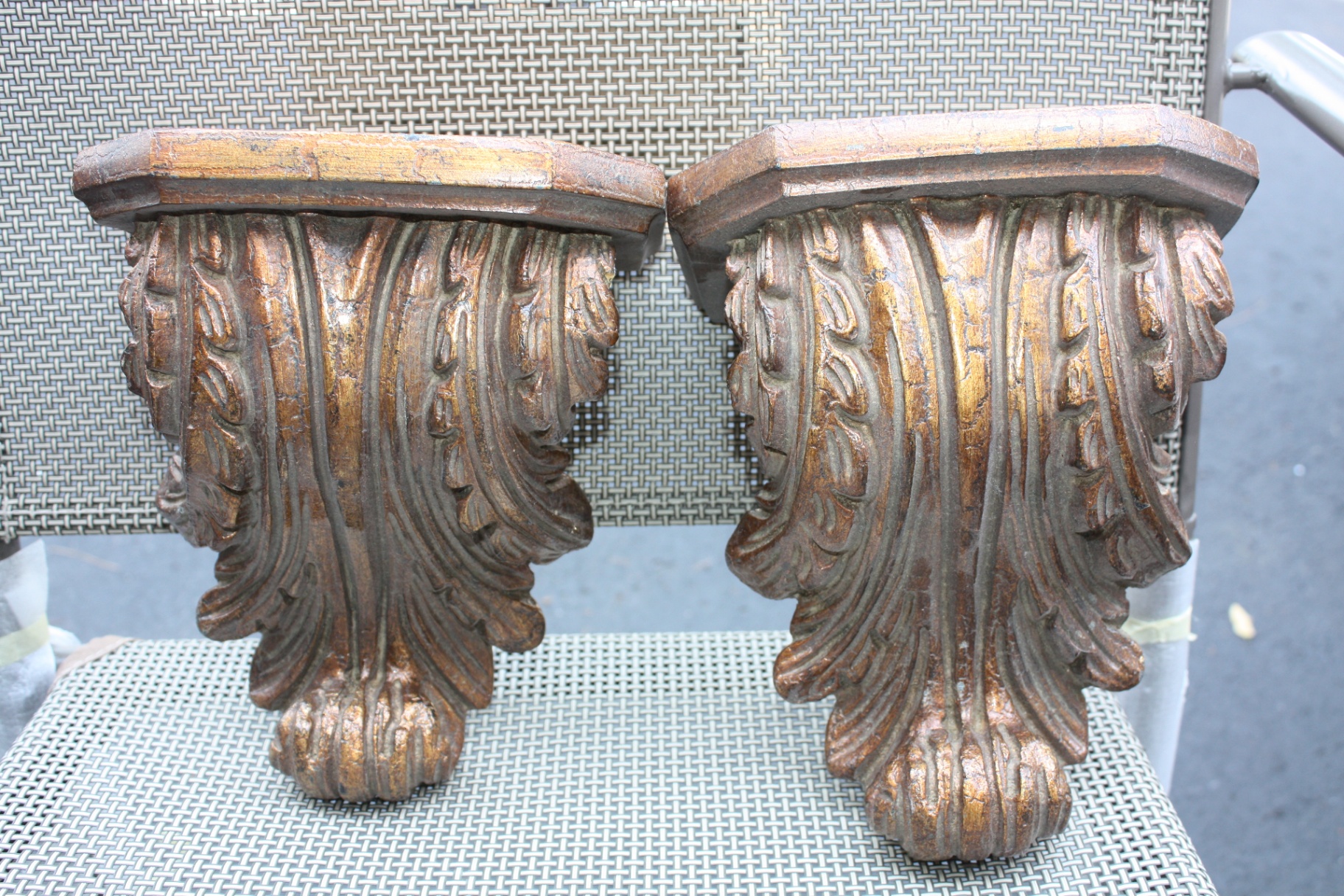 Pair of Carved Acanthus Leaf Corbels – Gilt & Bronze Finish – Architectural Wall Shelves / Brackets (approx 12 inches) - image 1 of 5
