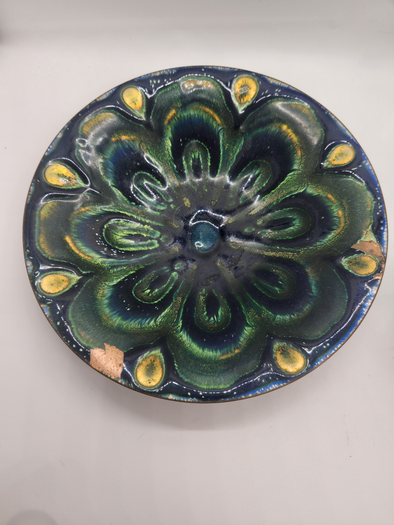 Decorative/Eclectic Lot - Mid-Century Enamel on Copper Plate, 1/2 KG Aqua Glass Jar, Green Hand-Painted Pottery Bowl & Mercury Glass Ornament - image 5 of 5