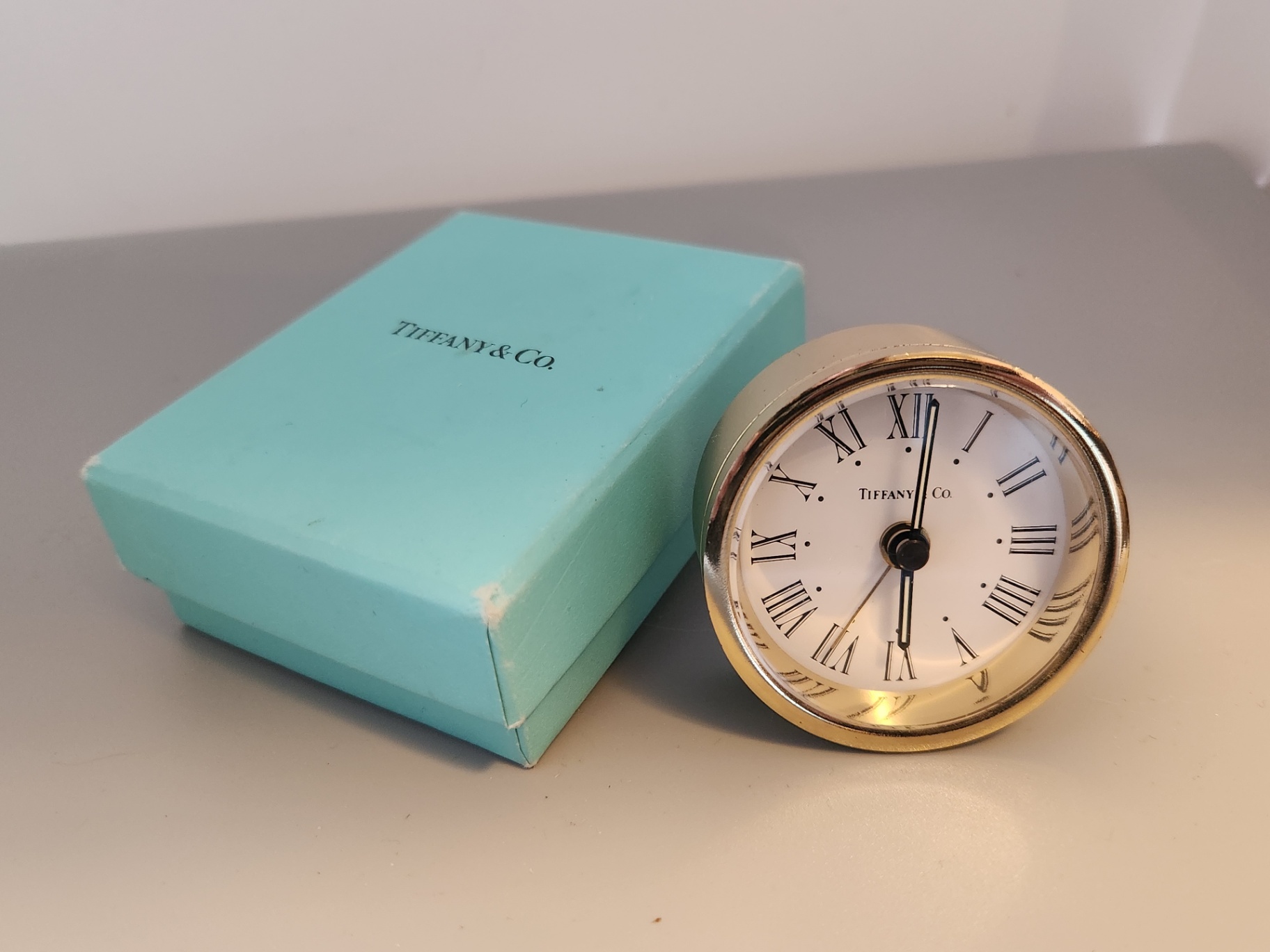 Vintage Tiffany & Co. Desk Clock 2” Brass Tone Roman Numerals w/ Tiffany Box – Needs Battery - image 3 of 9
