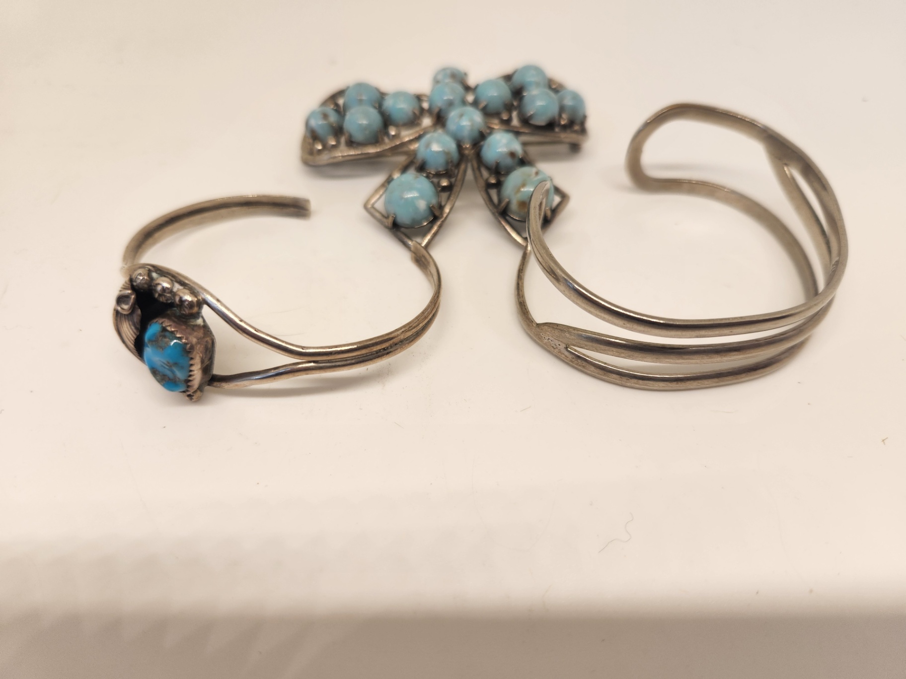 Sterling Silver Turquoise Jewelry Lot – Navajo Style Cuff + Turquoise Bow Brooch + Modernist 935 Cuff Bracelet - image 1 of 8