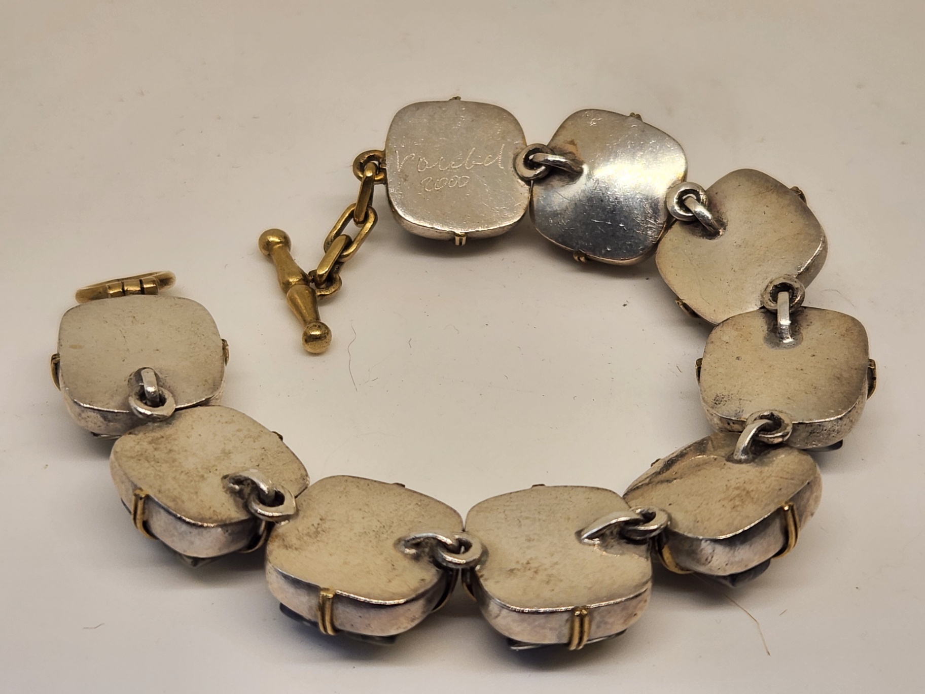 Signed Vaubel Bracelet – Iridescent Glass Stone Links – Mixed Metal – 2 Stones Missing ($6890 retail) - image 10 of 11