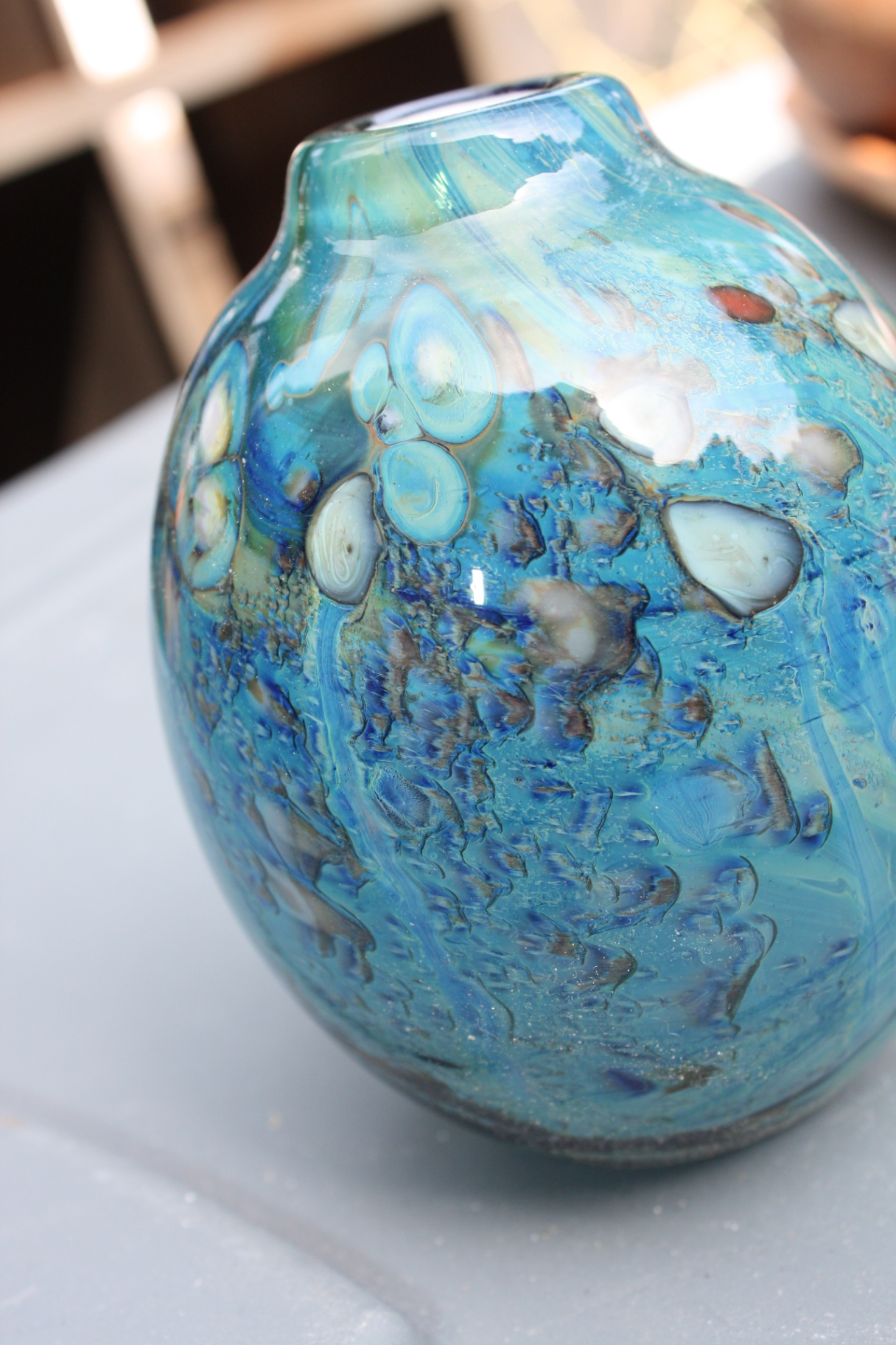 Signed Doug Sweet Studio Art Glass Vase 8 inches – Blue & Aqua Abstract Patterned Cased Glass Blown Glass Vase - image 2 of 7