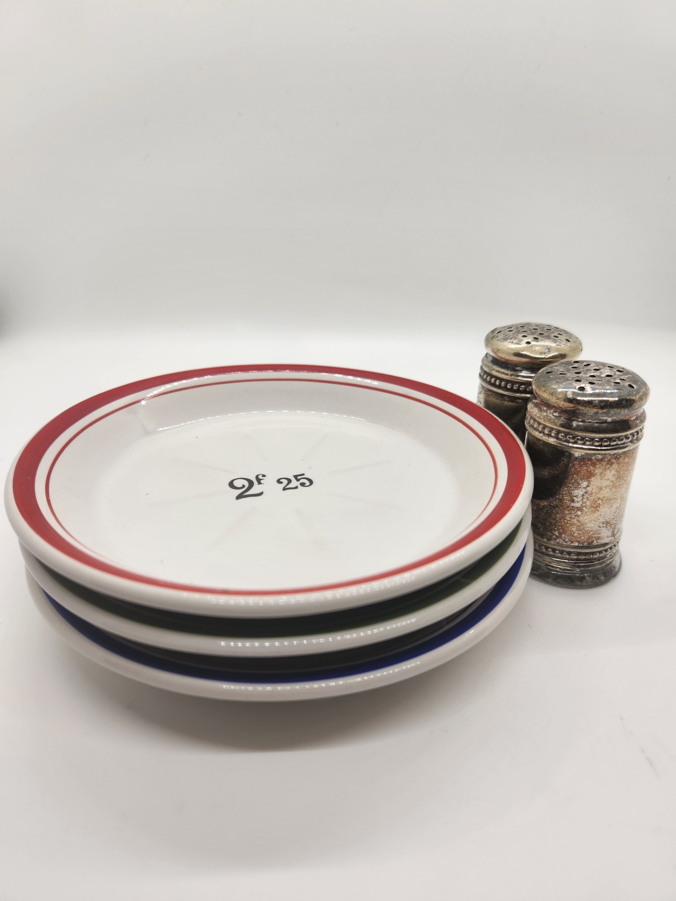 Vintage French Bistro Absinthe Tip Plates (3 plates) & Silverplate Salt and Pepper Shakers - Lot of 5 - image 2 of 8
