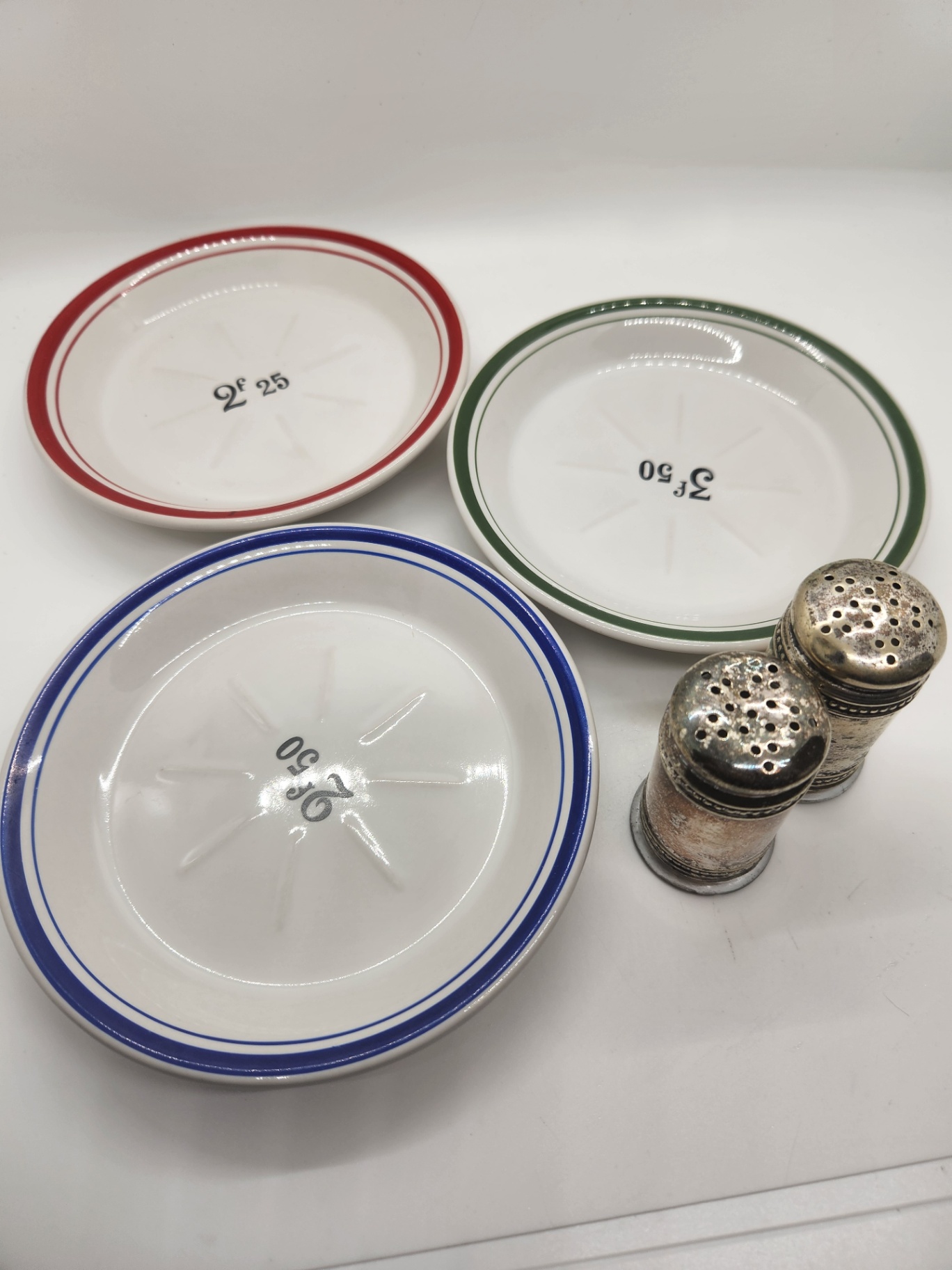 Vintage French Bistro Absinthe Tip Plates (3 plates) & Silverplate Salt and Pepper Shakers - Lot of 5 - image 3 of 8